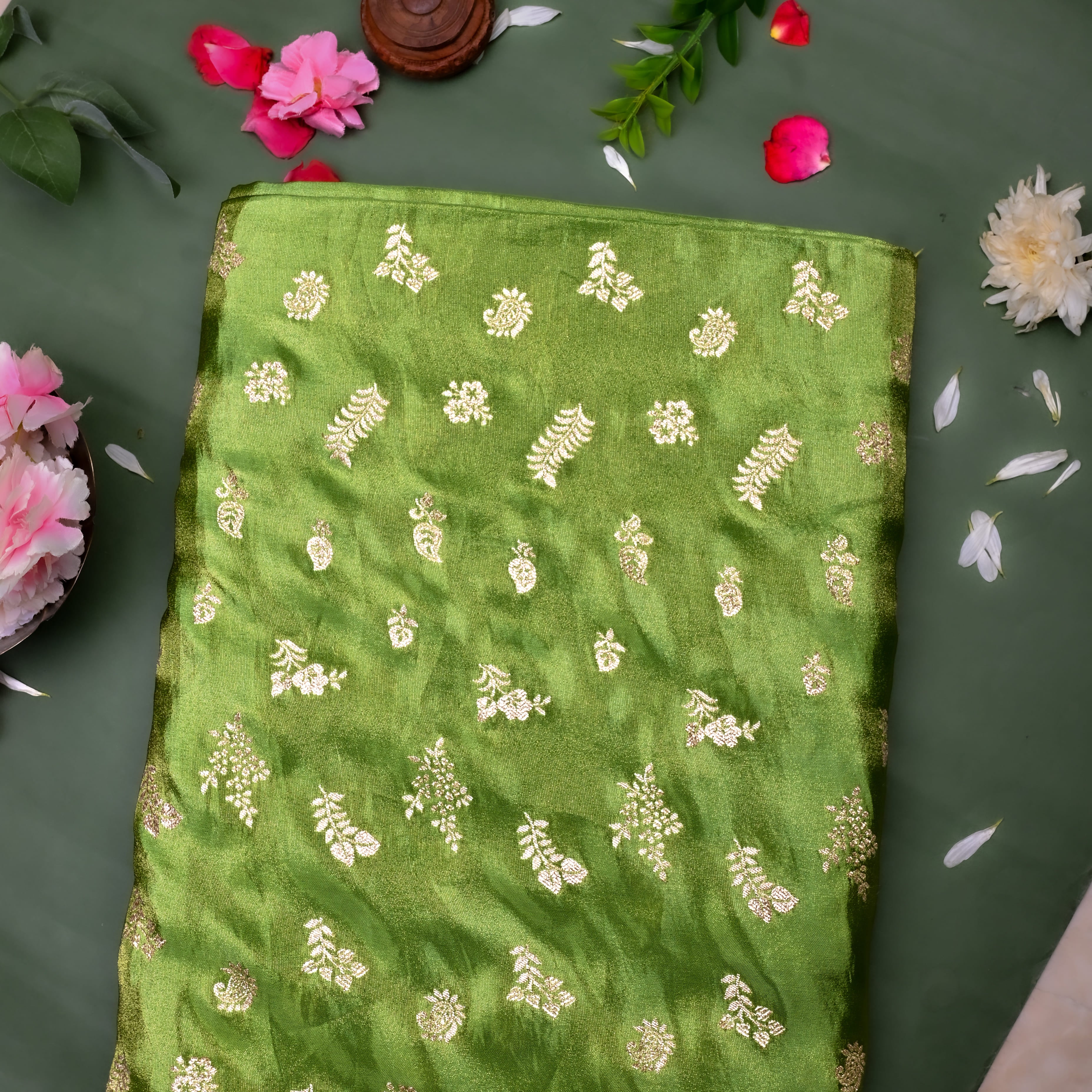 Mahendi Green Jamawar Tissue Fabric With Designer Border