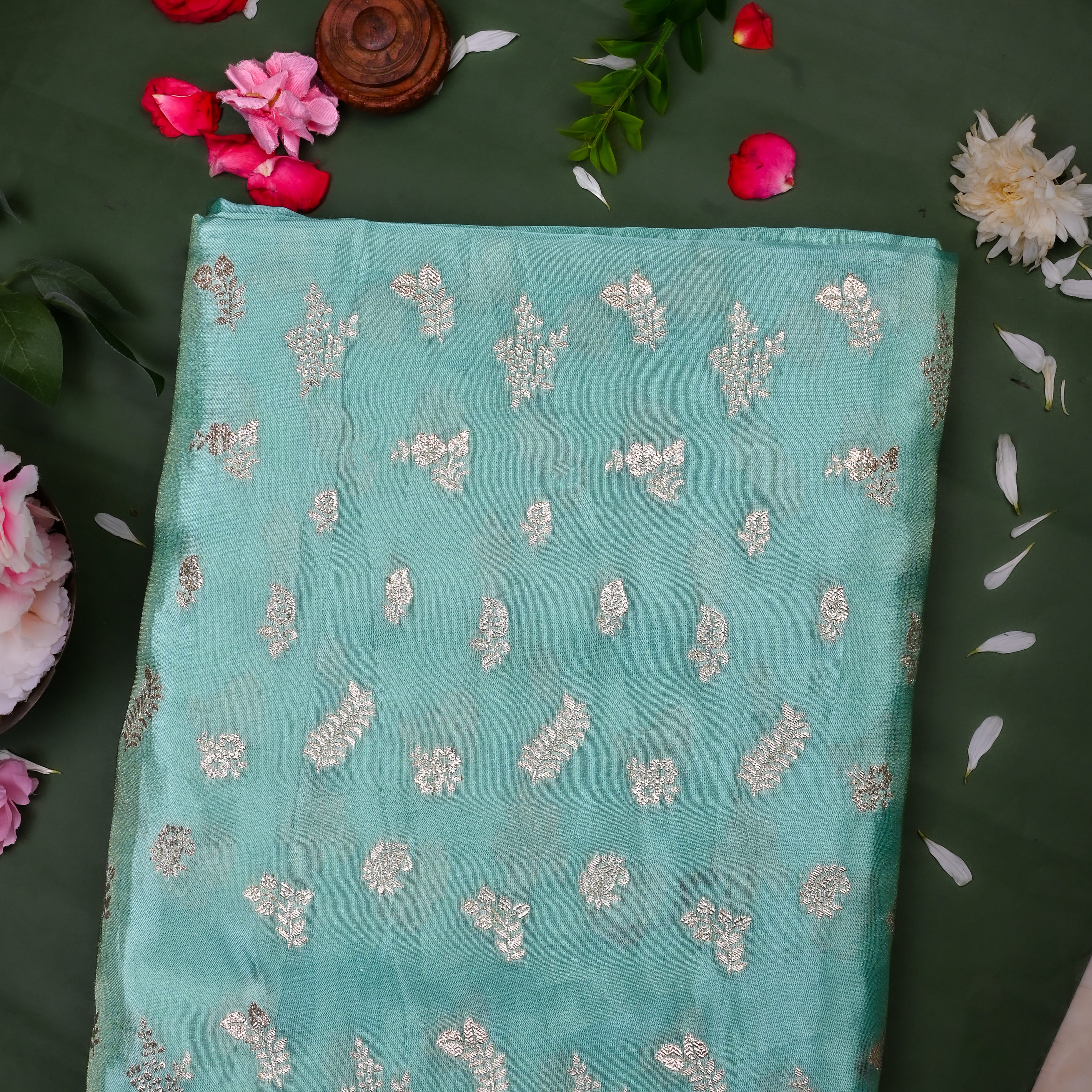 Bright Teal Jamawar Tissue Fabric With Designer Border