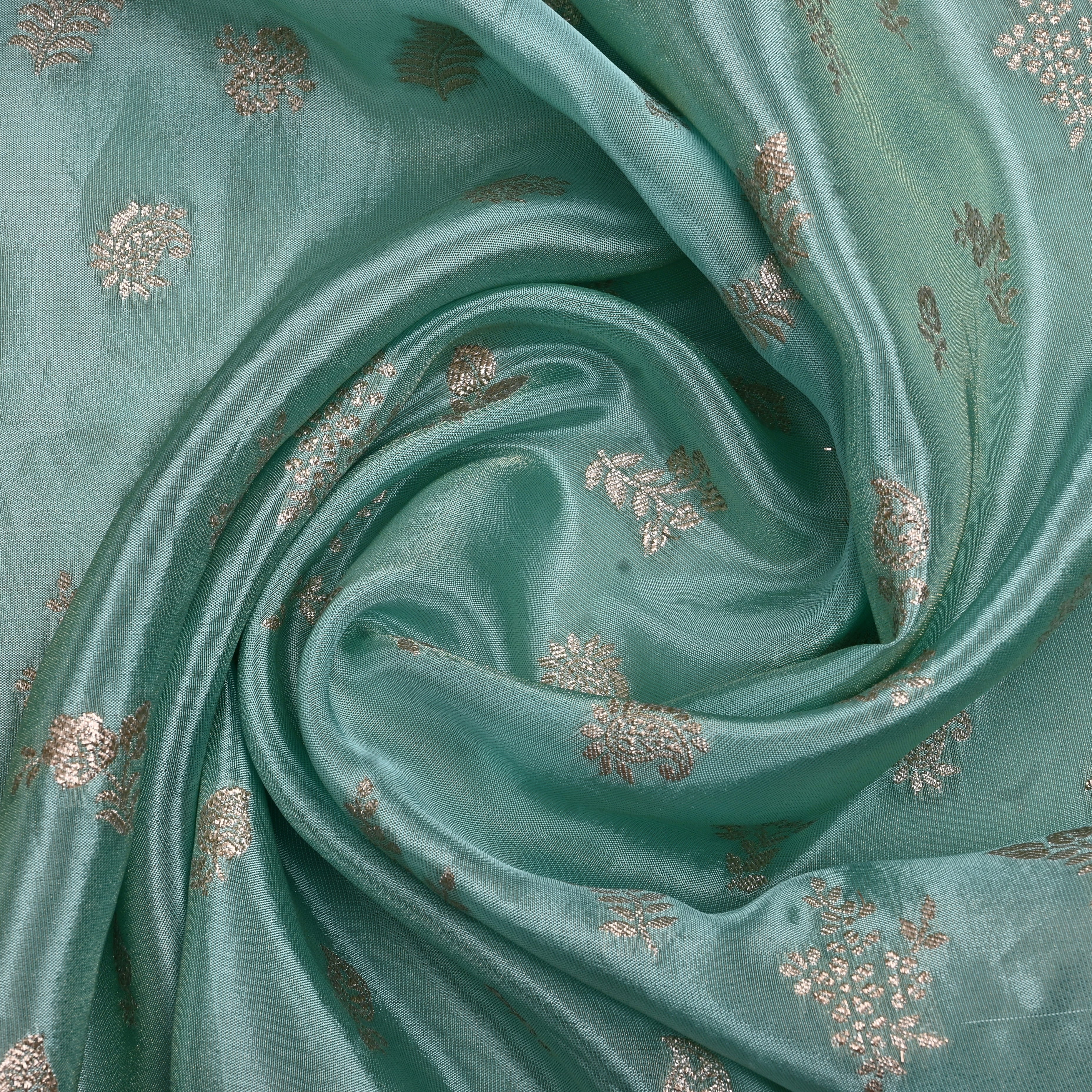 Bright Teal Jamawar Tissue Fabric With Designer Border