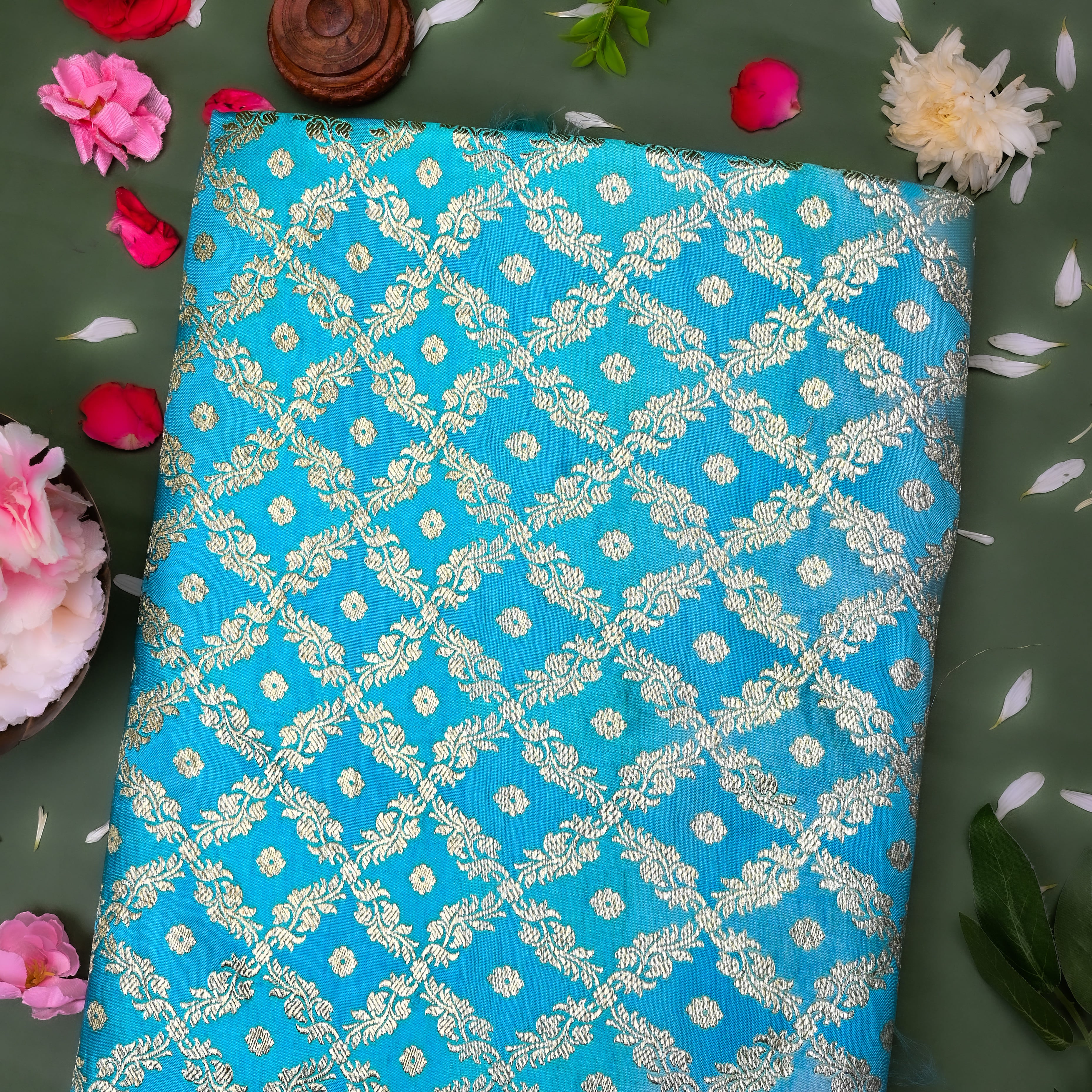 Cyan Blue Banaras Fabric With Checks Pattern