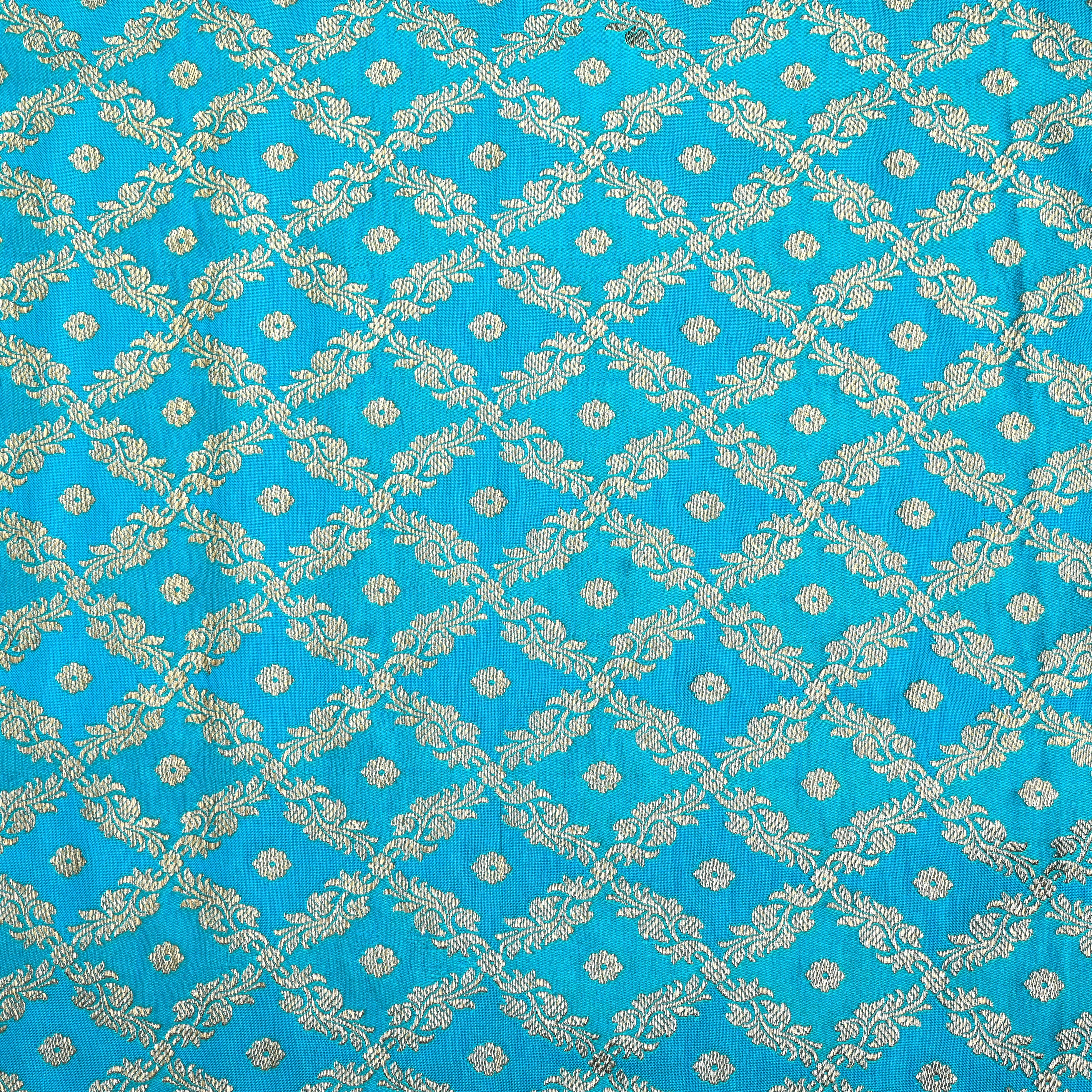 Cyan Blue Banarasi Fabric With Checks Pattern