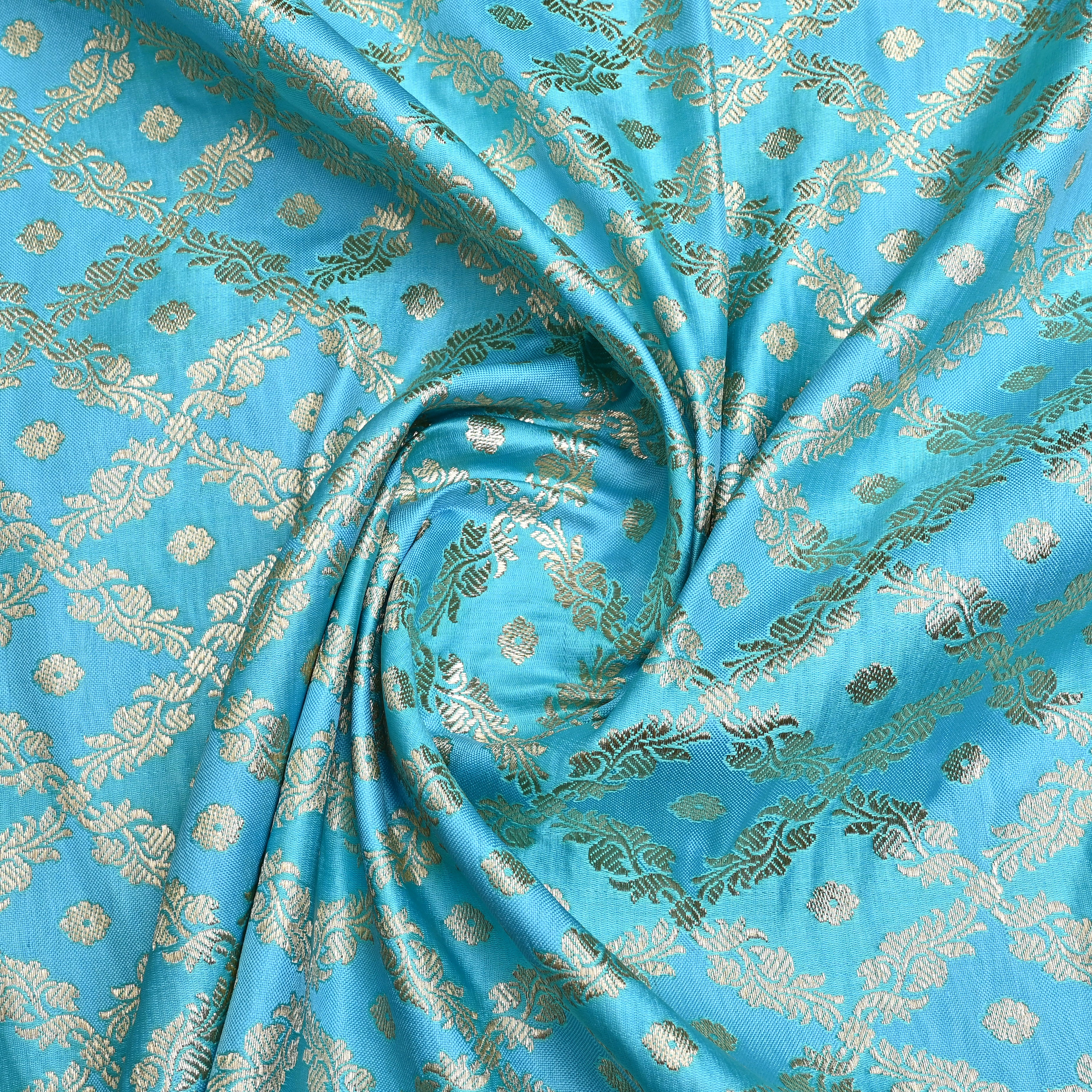 Cyan Blue Banaras Fabric With Checks Pattern