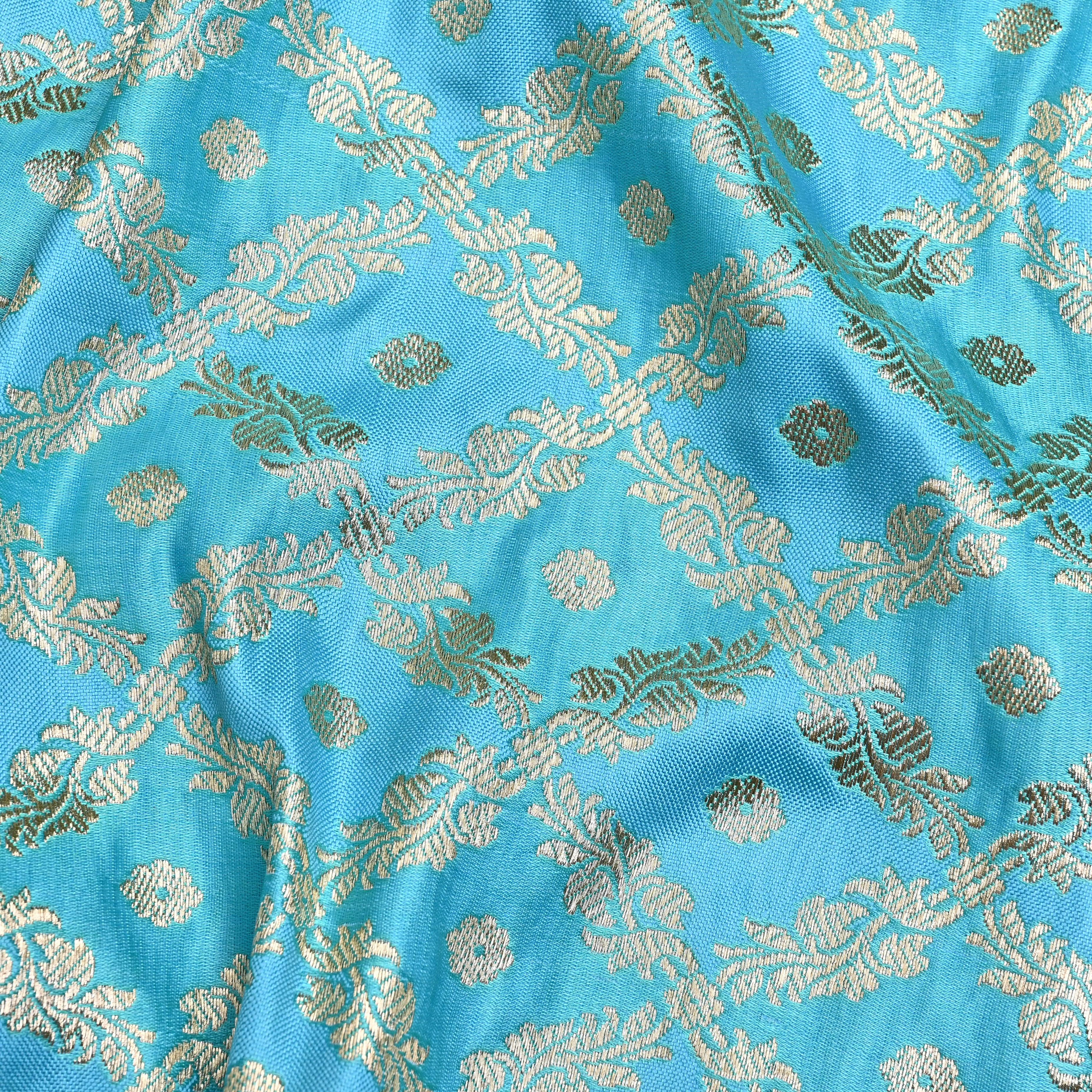 Cyan Blue Banaras Fabric With Checks Pattern