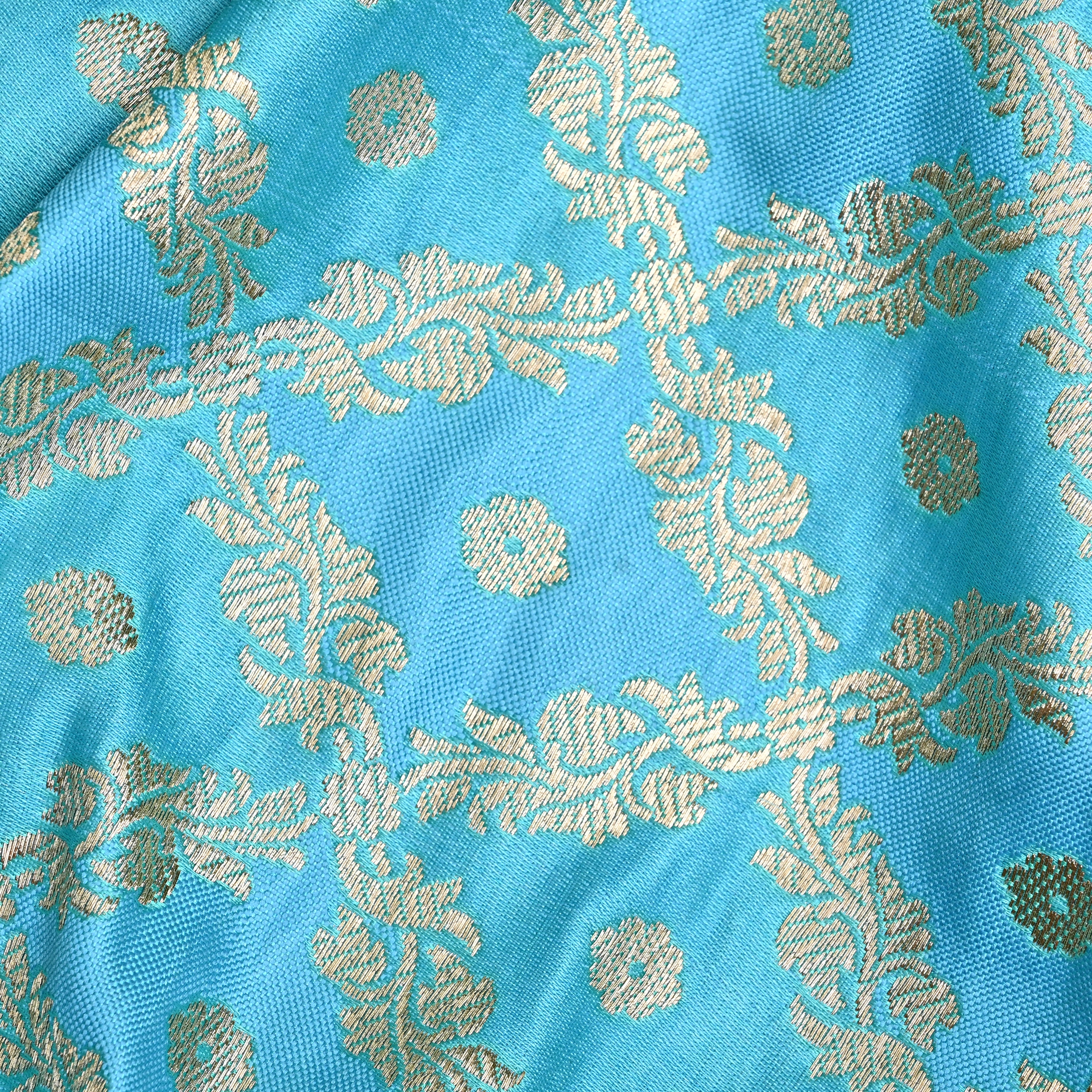 Cyan Blue Banaras Fabric With Checks Pattern