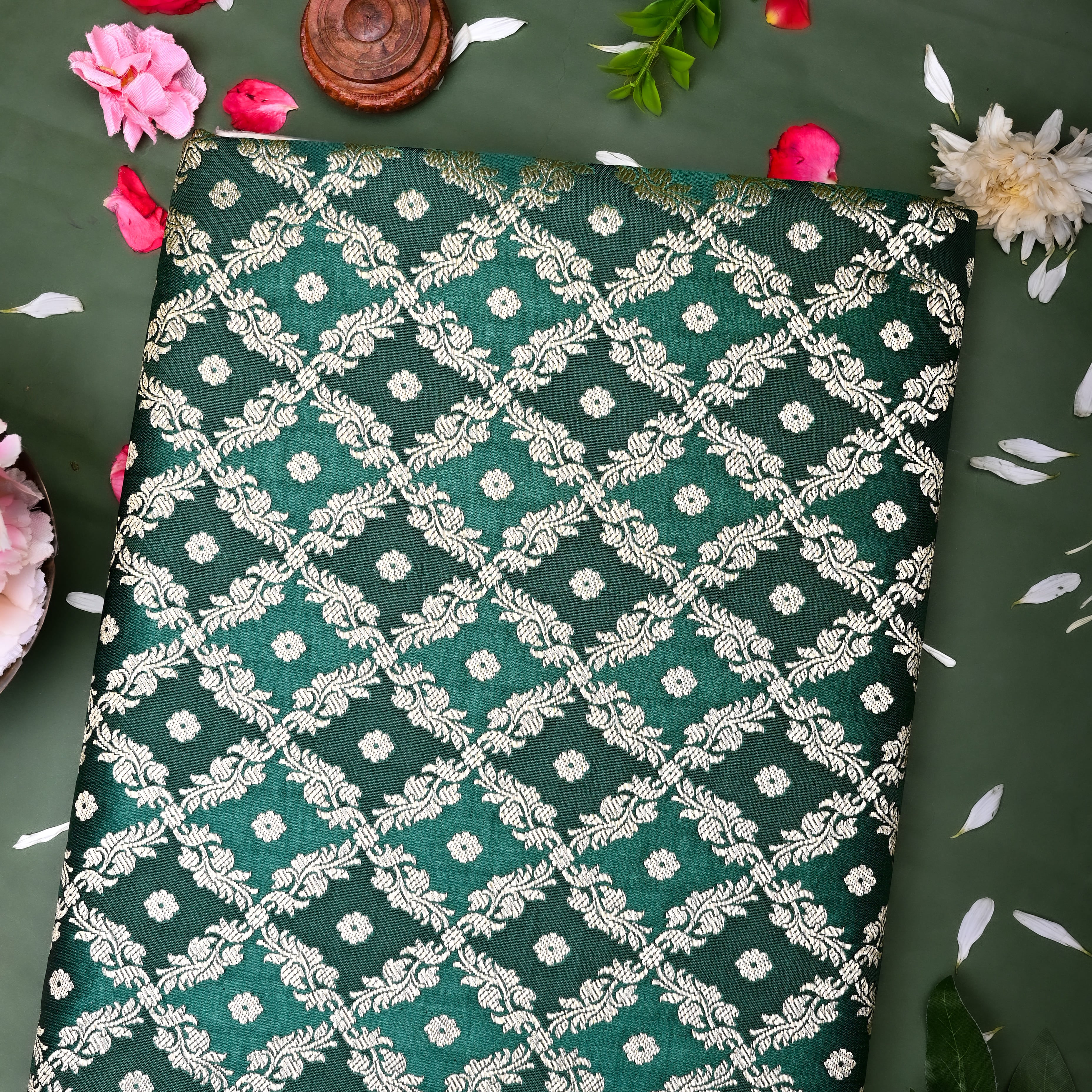 Dual Shade Of Green Banaras Fabric With Checks Pattern