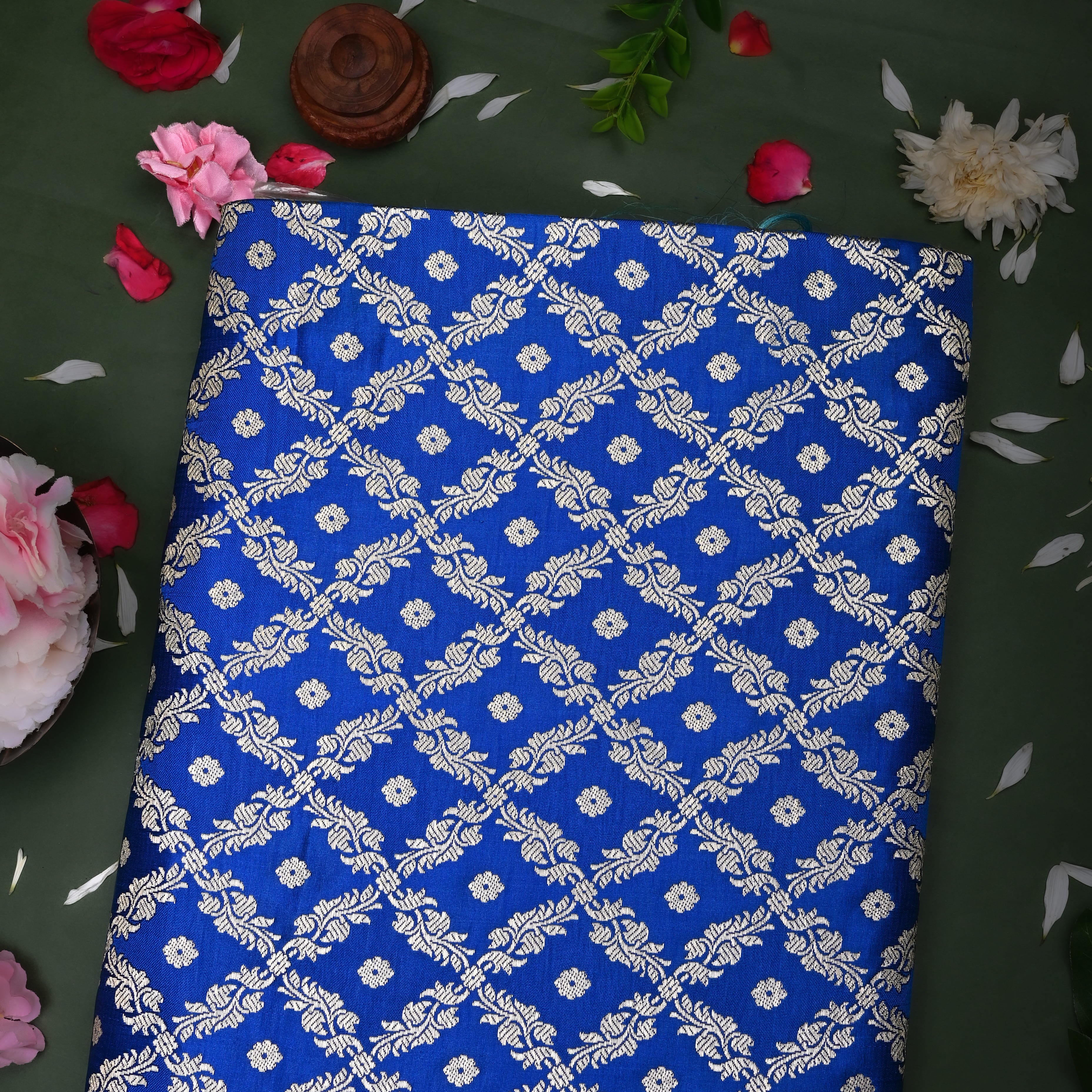 Navy Blue Banaras Fabric With Checks Pattern