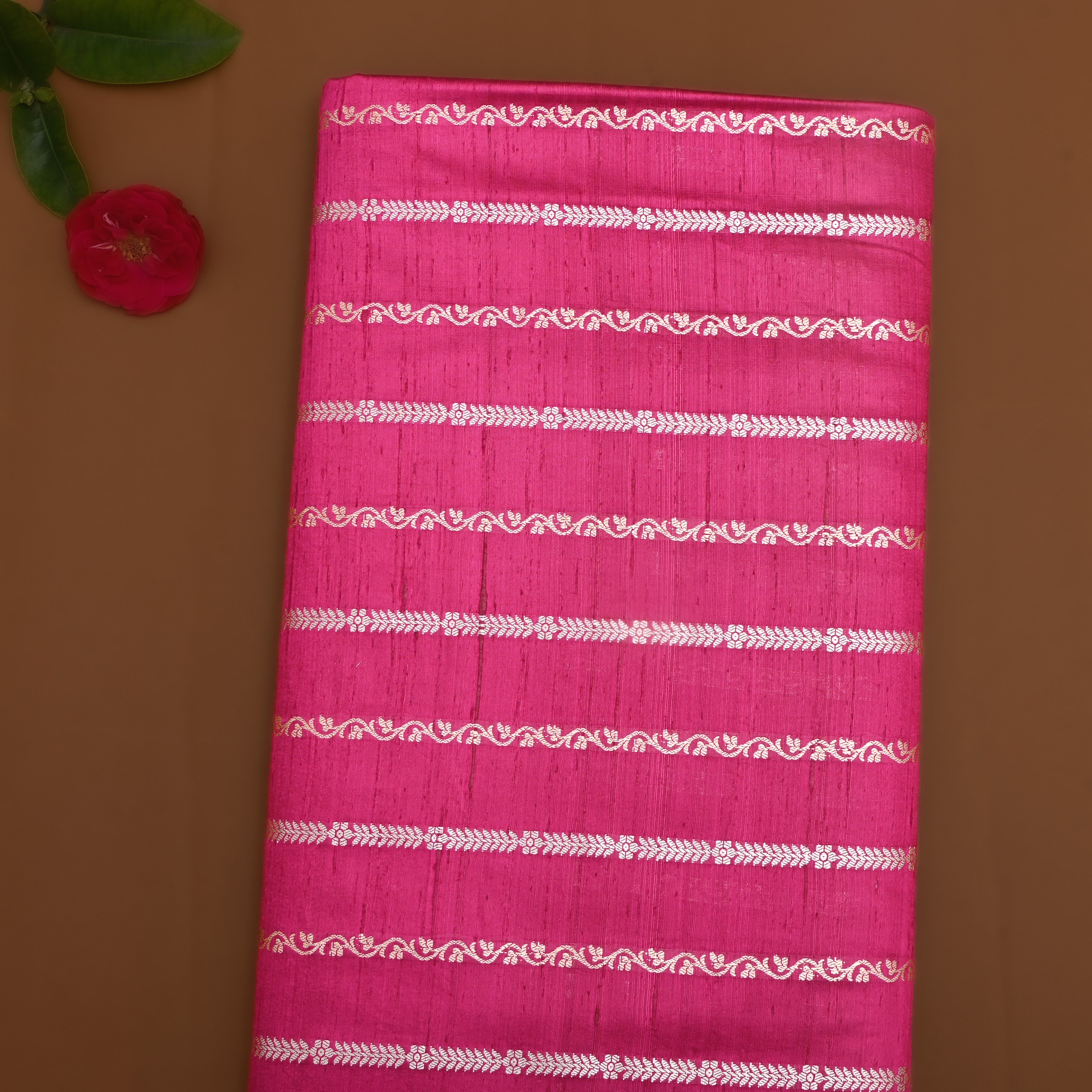 Royal Pink Silver Zari Dupion Silk Fabric