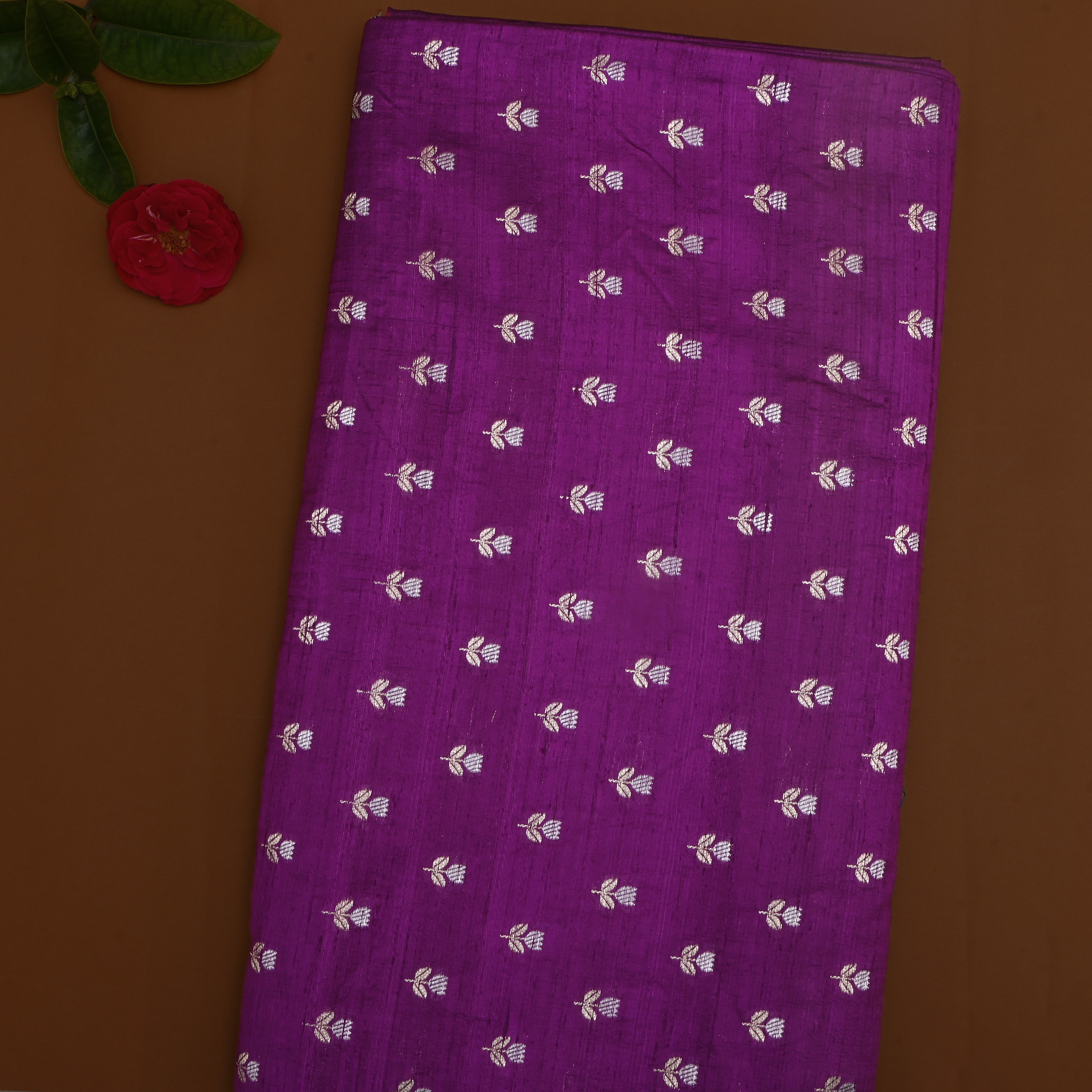 Deep Purple Floral Zari Dupion Silk Fabric