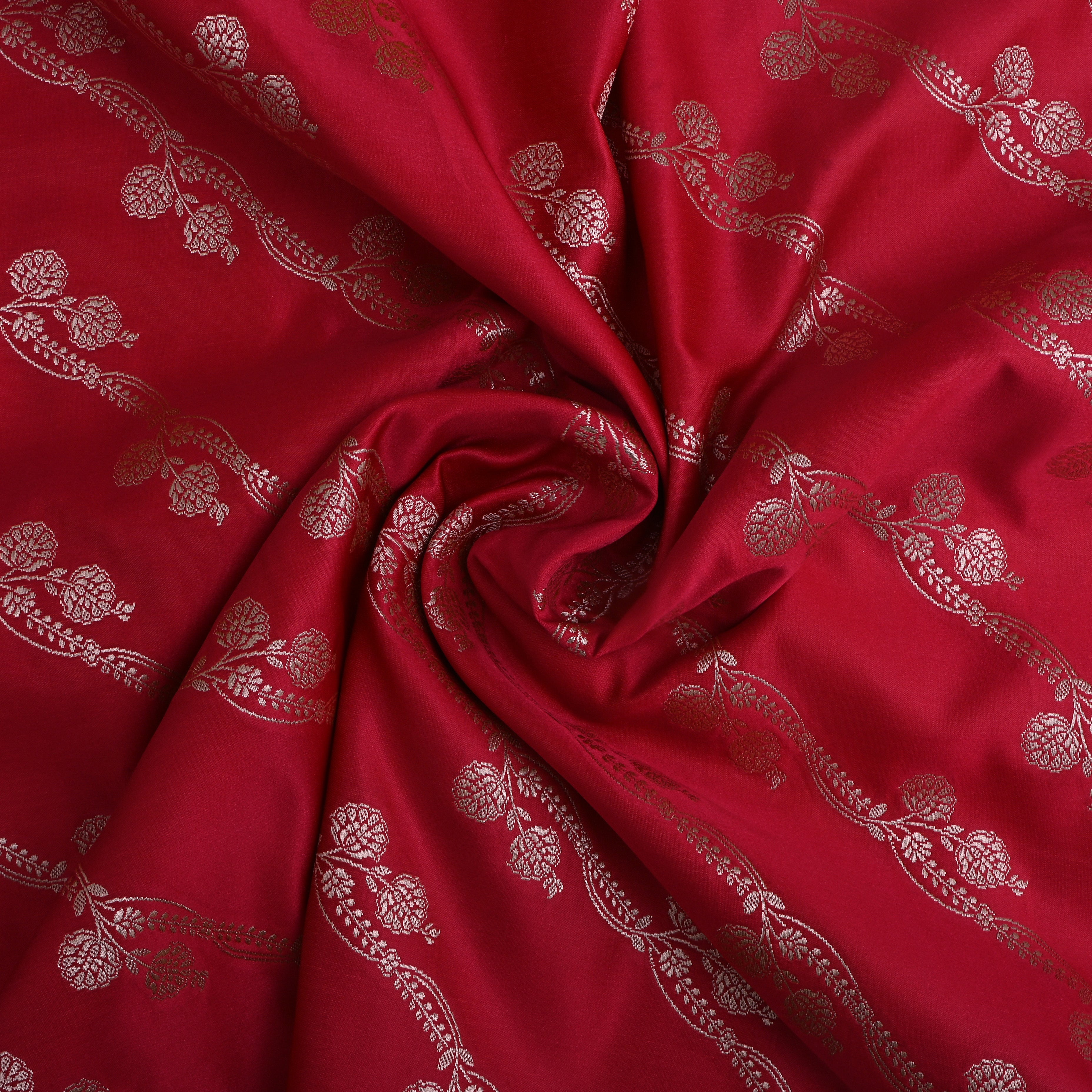 Deep Pink Floral Bel Zari Satin Fabric