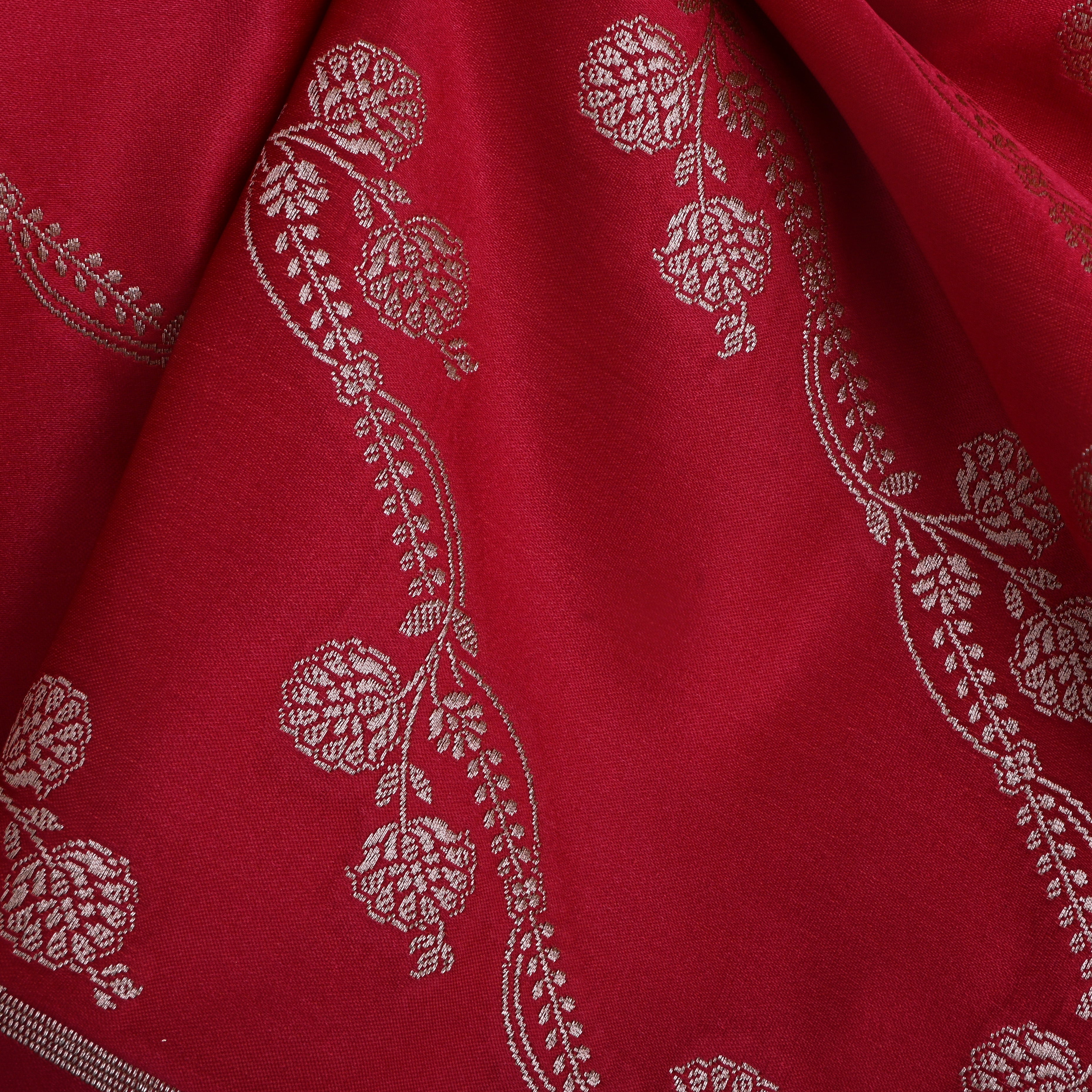 Deep Pink Floral Bel Zari Satin Fabric