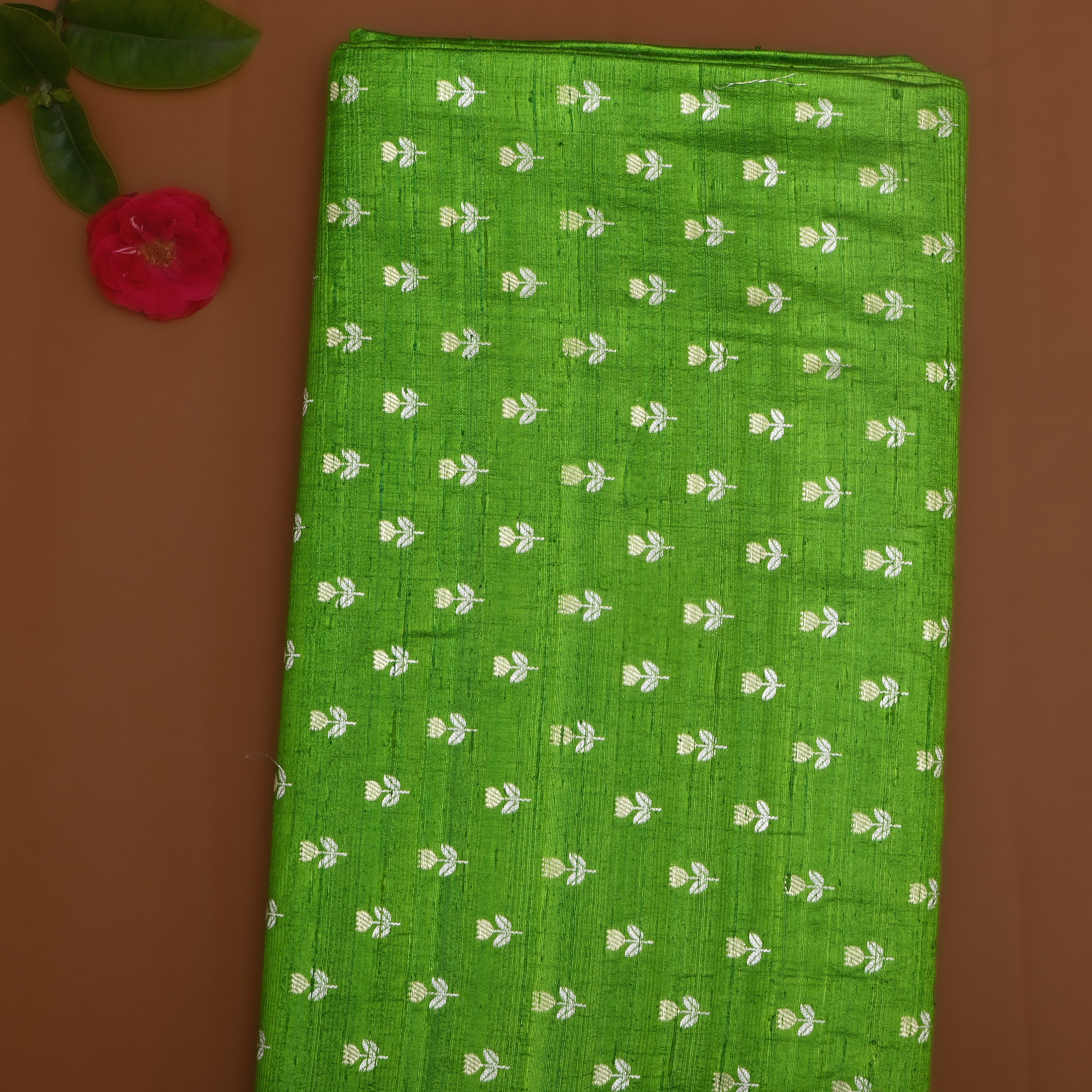 Lime Green Floral Zari Dupion Silk Fabric