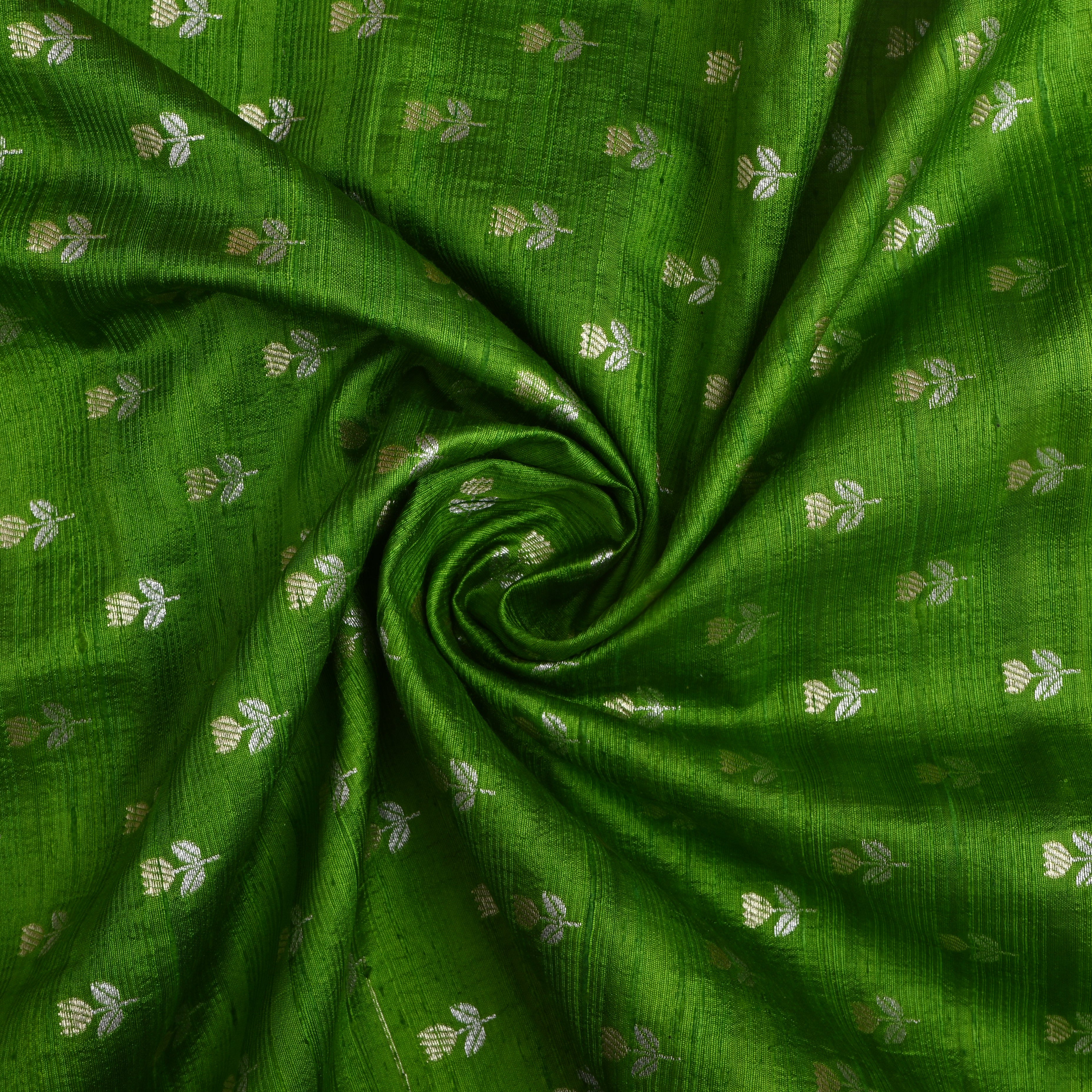 Lime Green Floral Zari Dupion Silk Fabric
