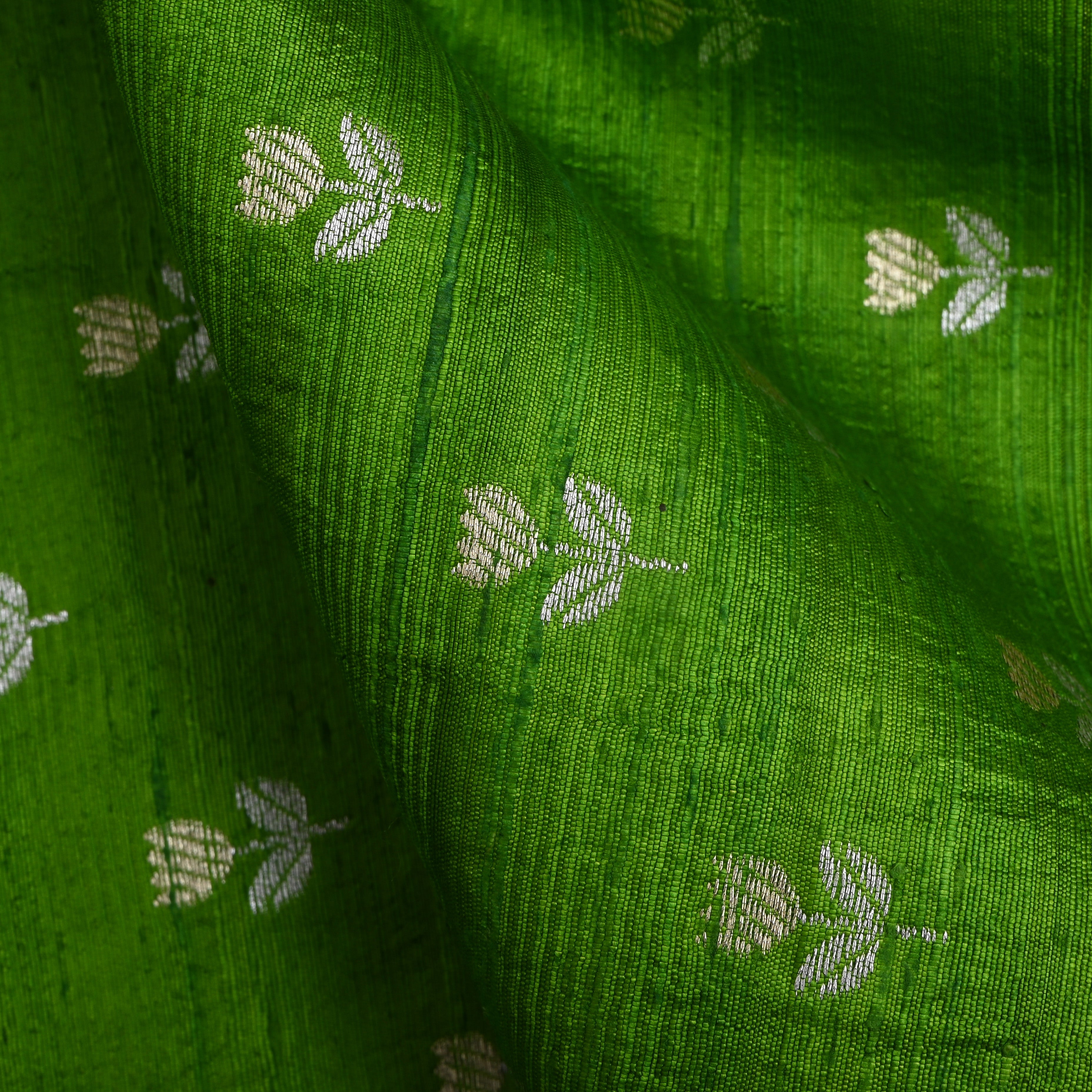 Lime Green Floral Zari Dupion Silk Fabric