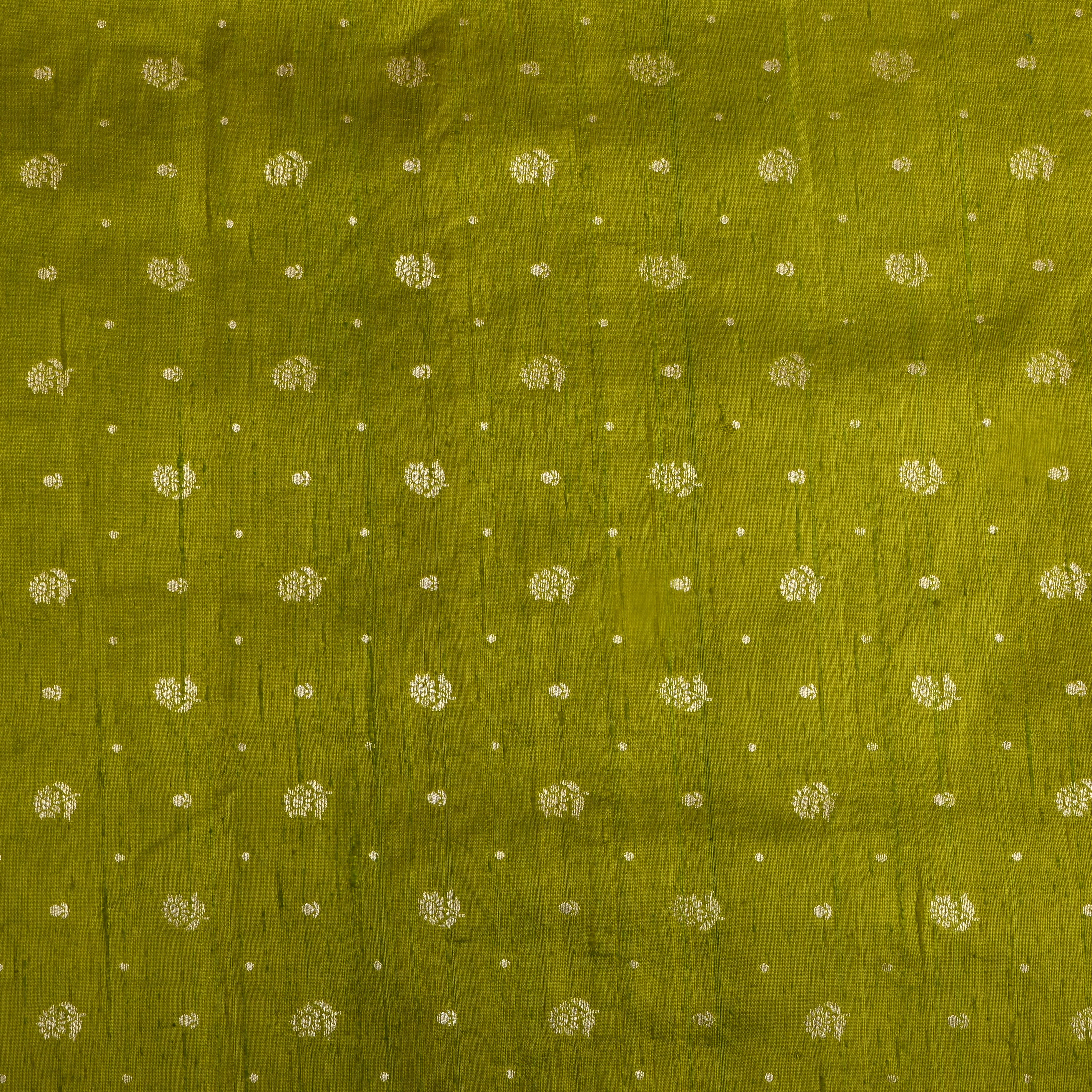 Chartreuse Green Floral Zari Dupion Silk Fabric