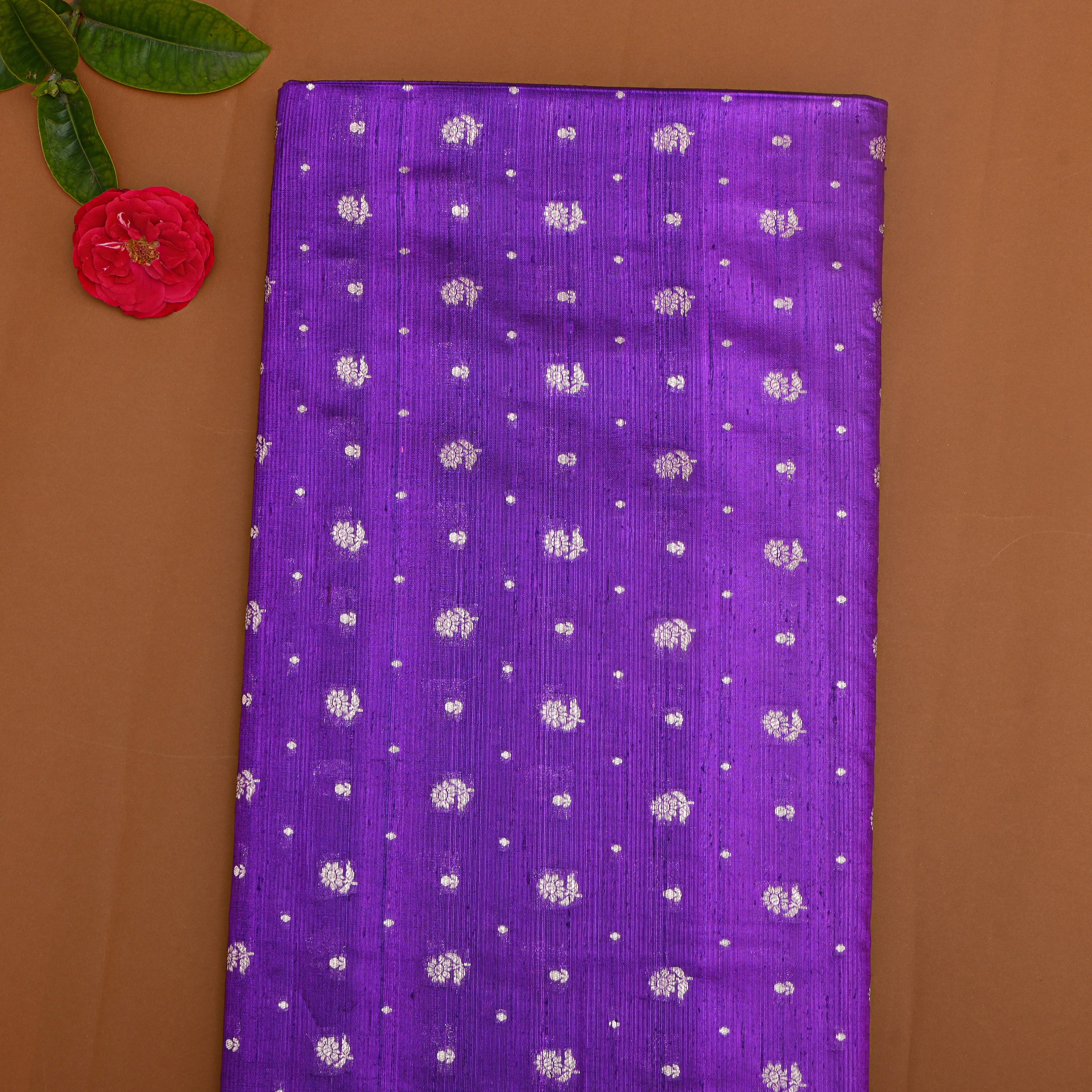 Bright Violet Floral Zari Dupion Silk Fabric