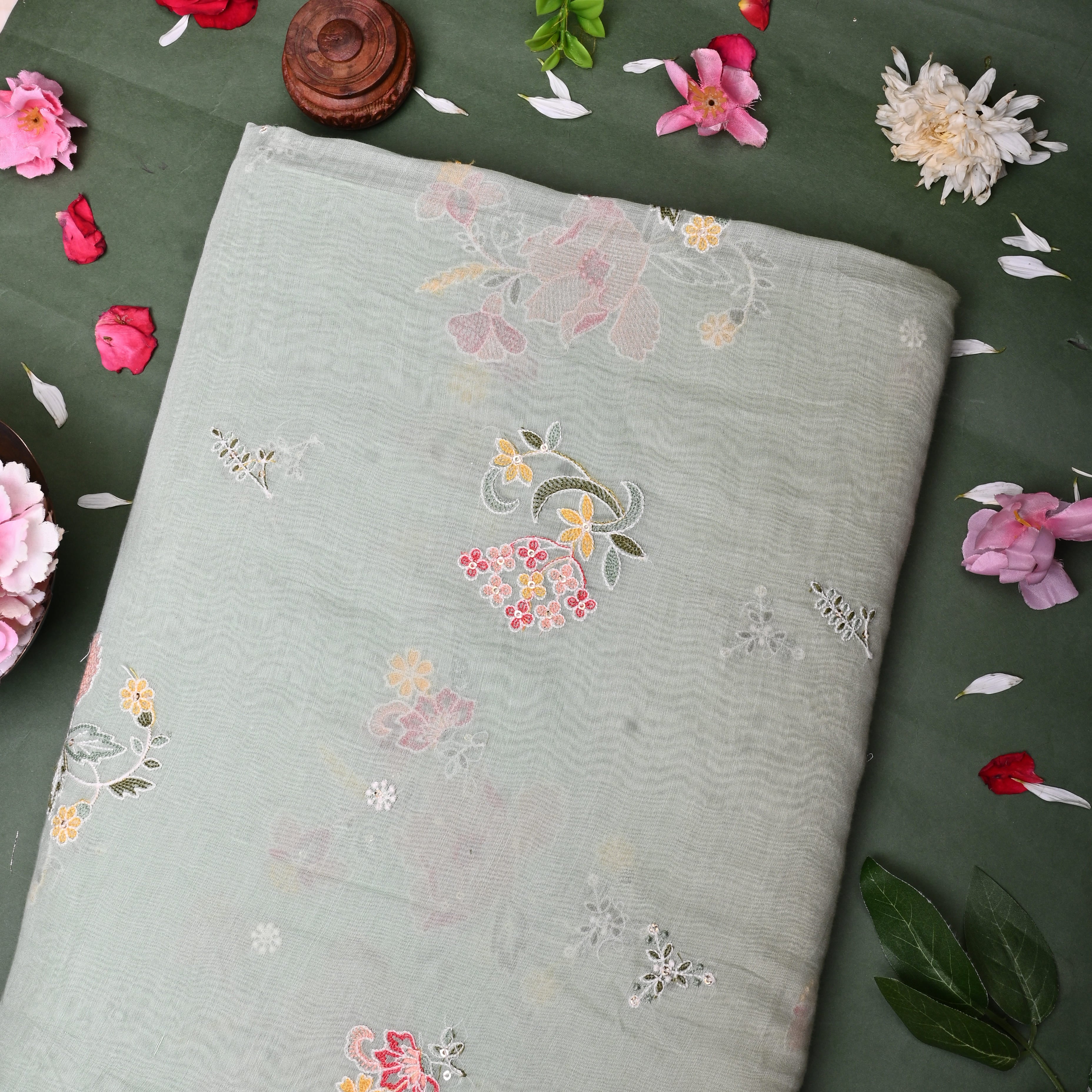 Cloud Grey Chanderi Fabric With Embroidery