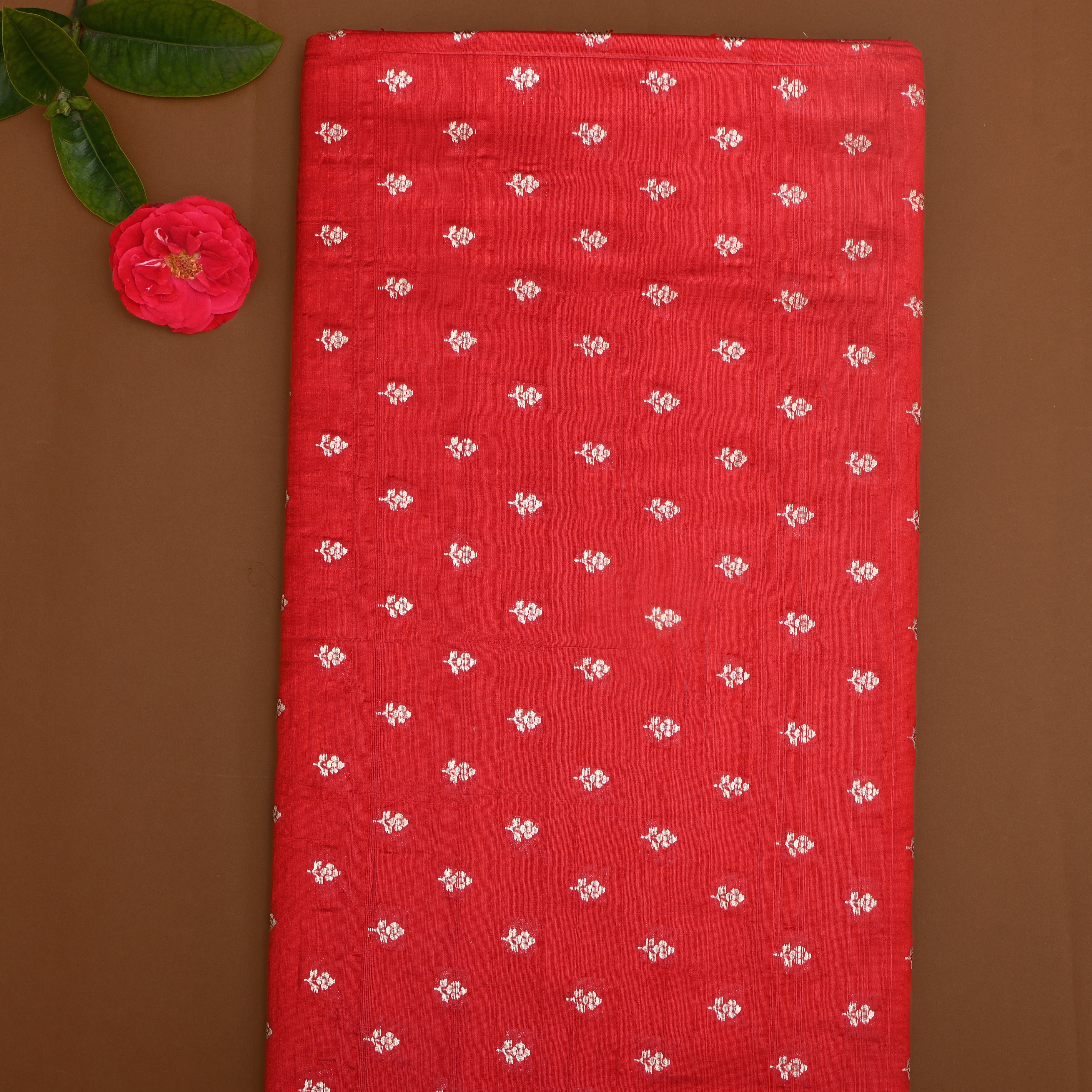 Crimson Red Floral Zari Dupion Silk Fabric