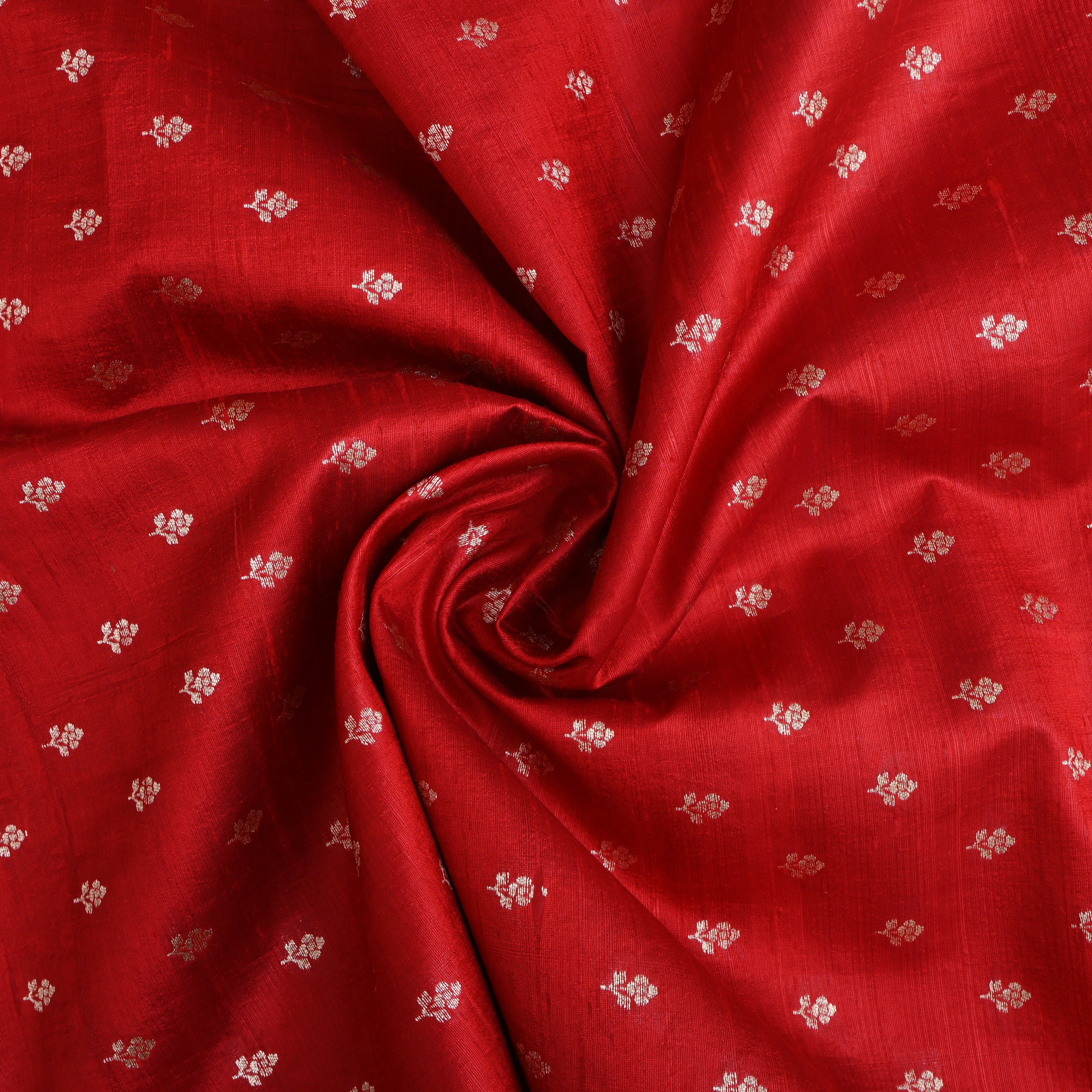 Crimson Red Floral Zari Dupion Silk Fabric
