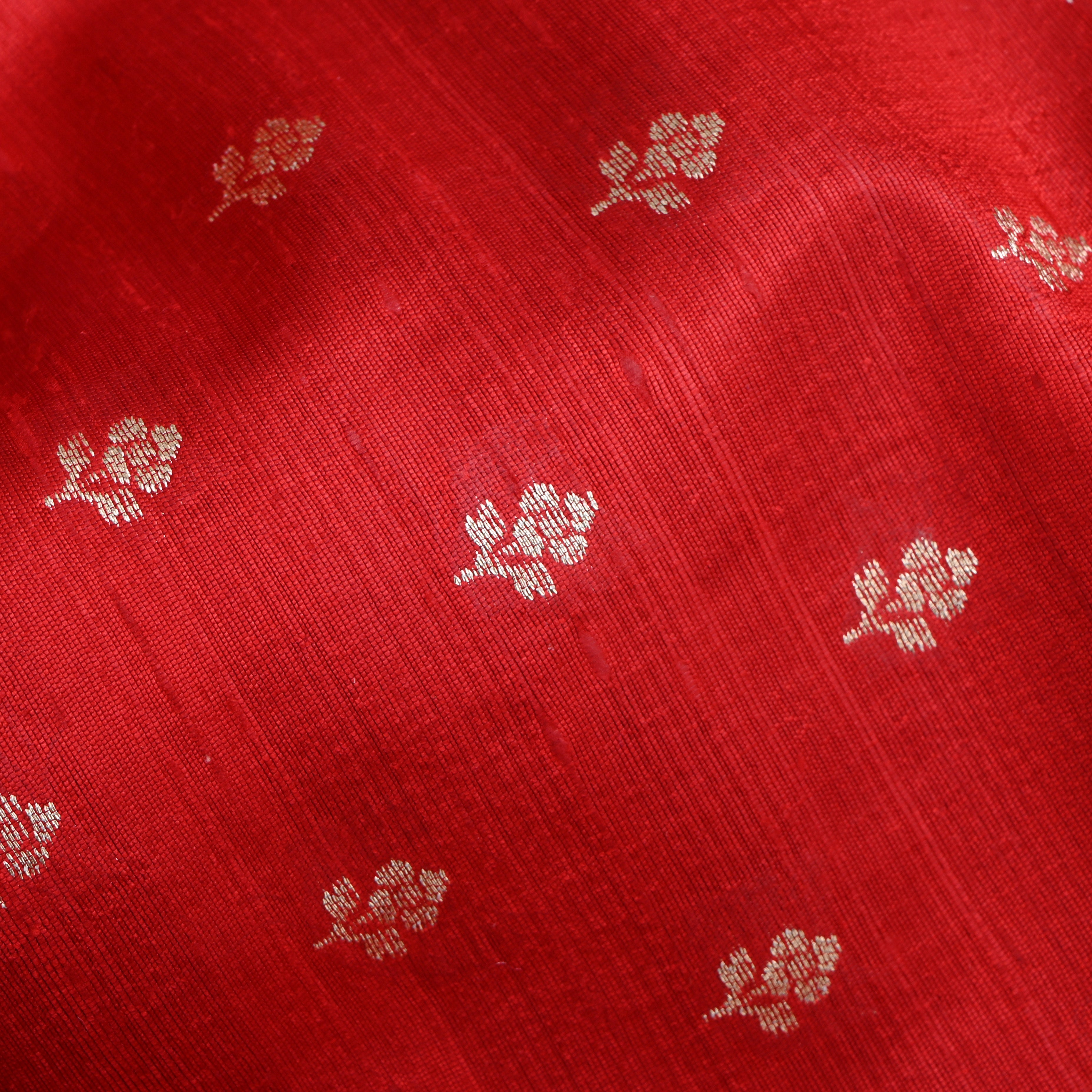 Crimson Red Floral Zari Dupion Silk Fabric