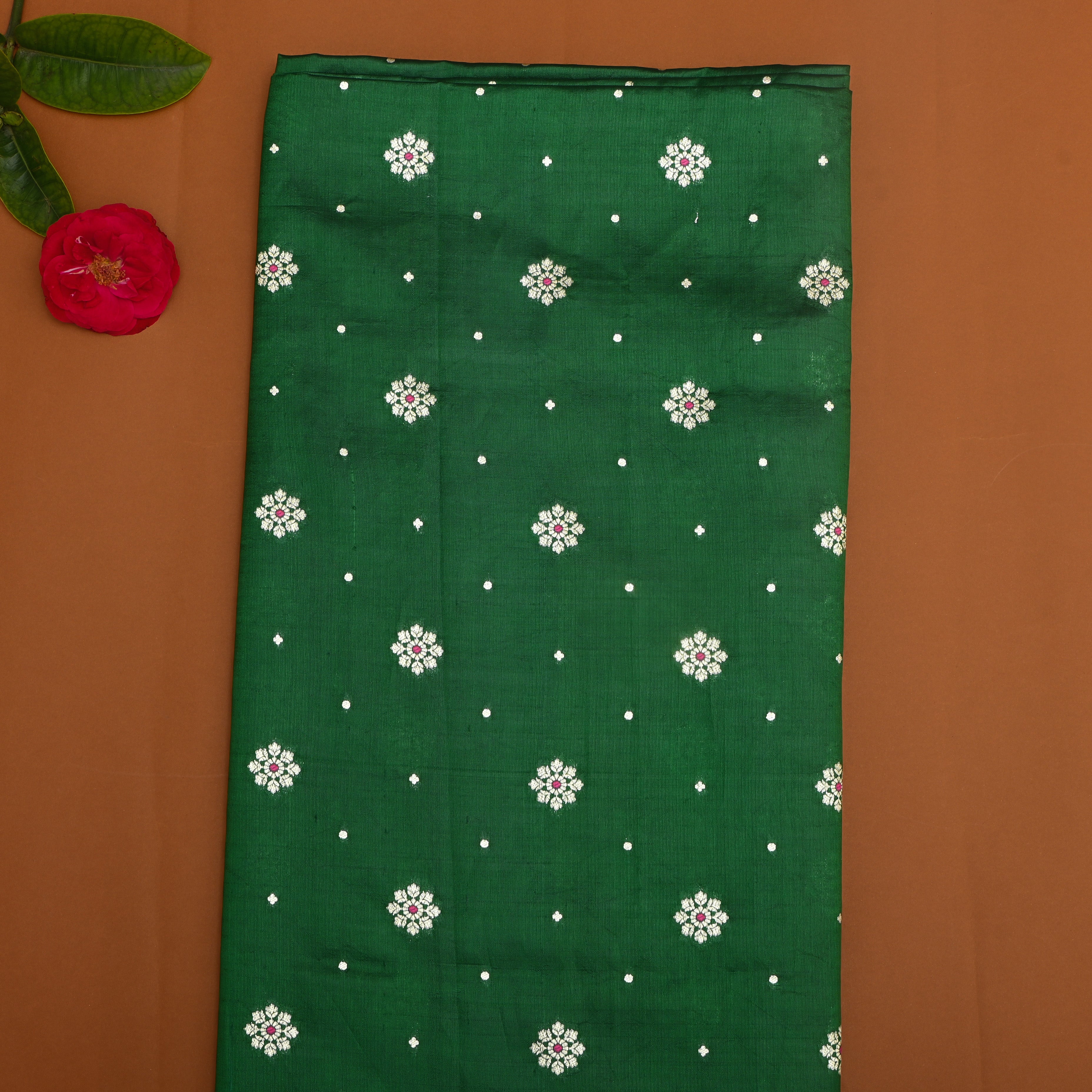 Bottle Green Floral Zari Silk Fabric