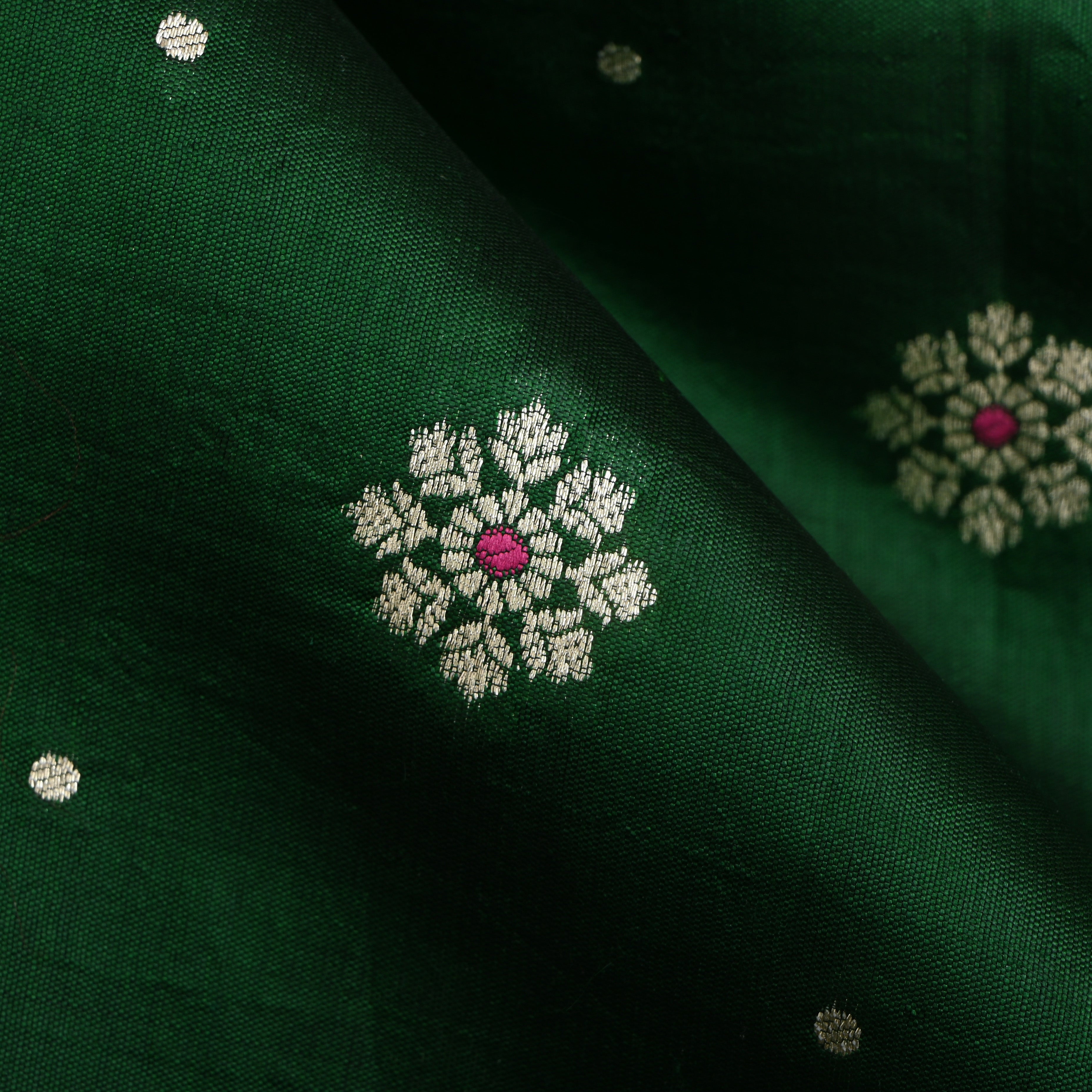 Bottle Green Floral Zari Silk Fabric