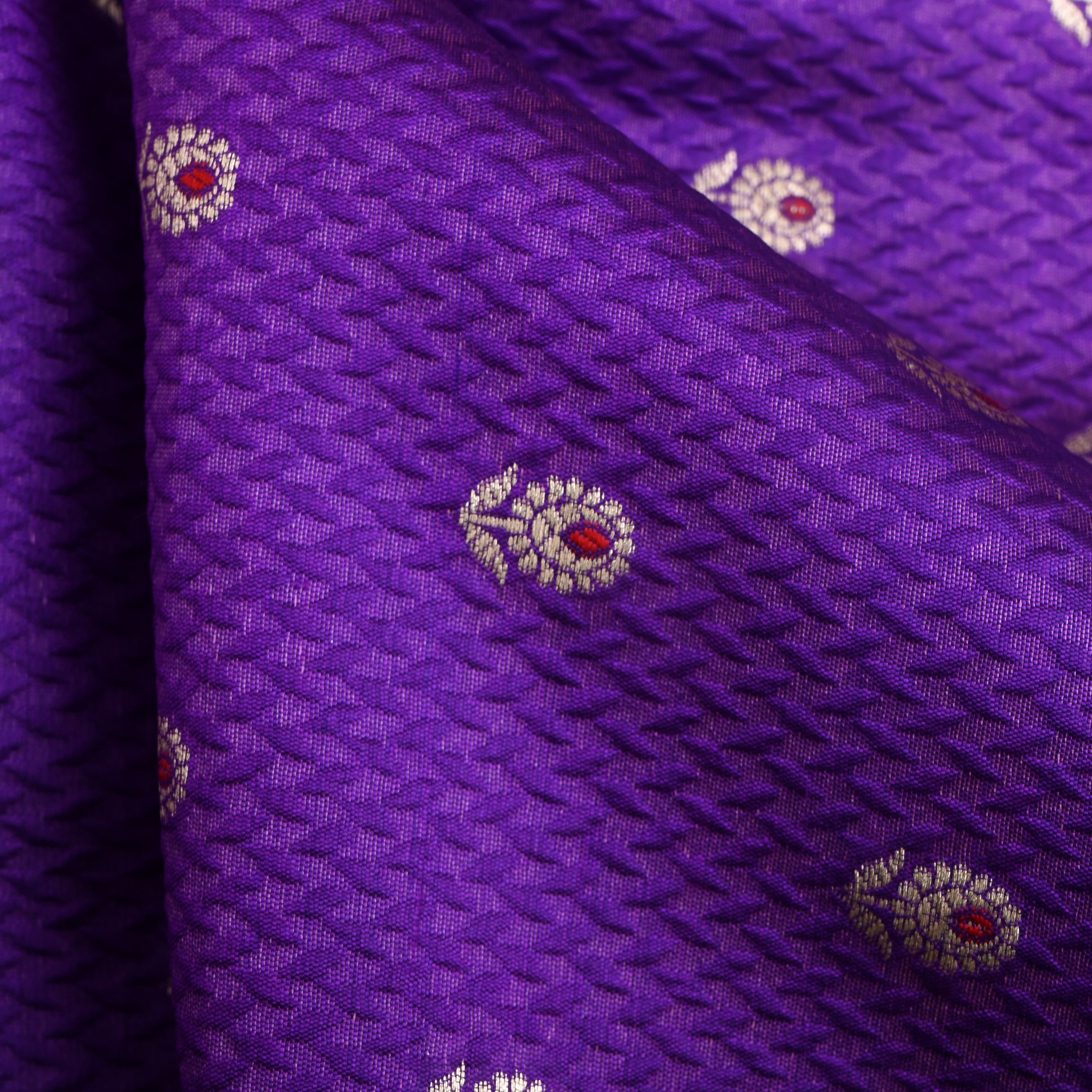 Bright Violet Floral Zari Silk Fabric