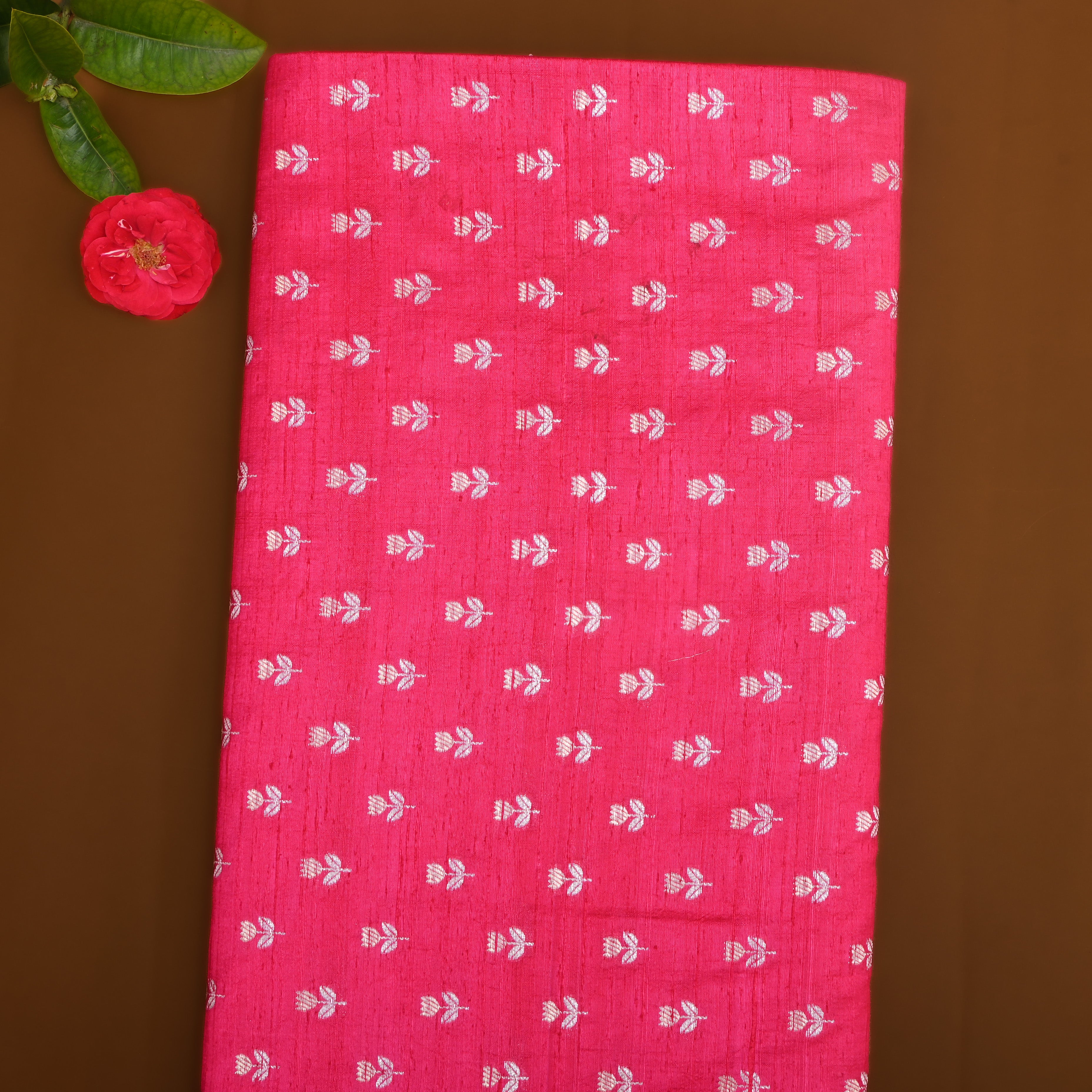 Bright Pink Floral Zari Dupion Silk Fabric