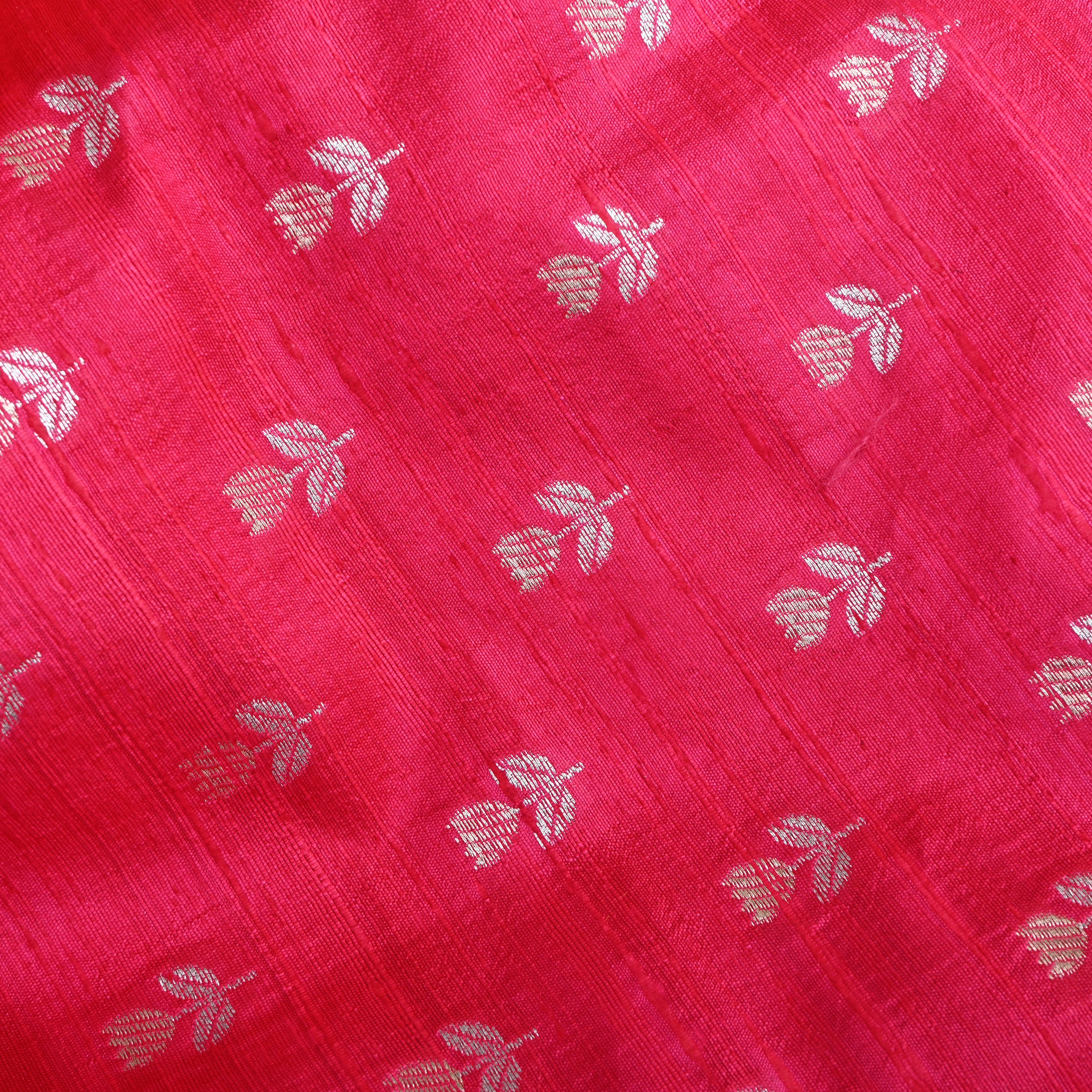 Bright Pink Floral Zari Dupion Silk Fabric