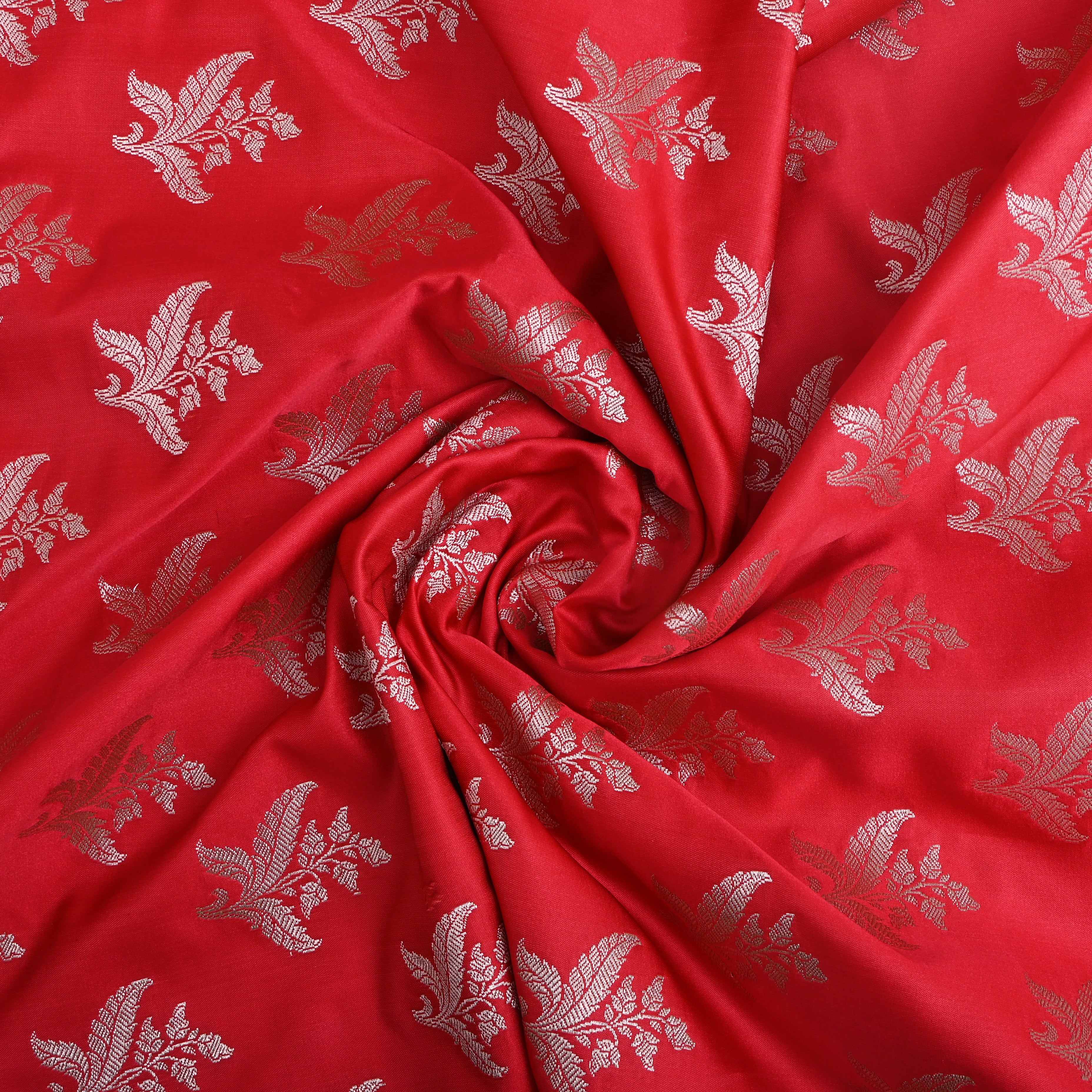 Bright Pink Floral Zari Satin Fabric