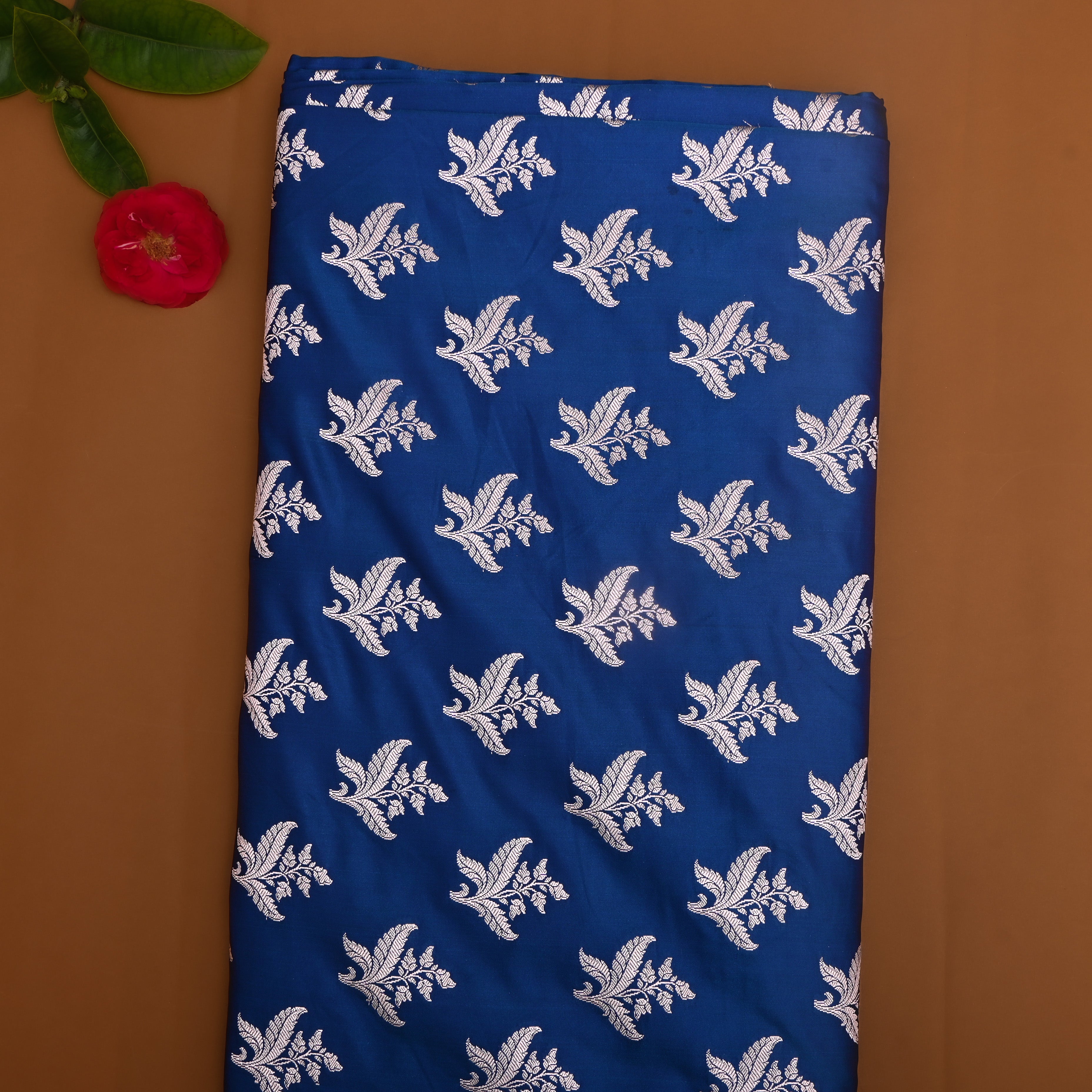 Cobalt Blue Floral Zari Satin Fabric