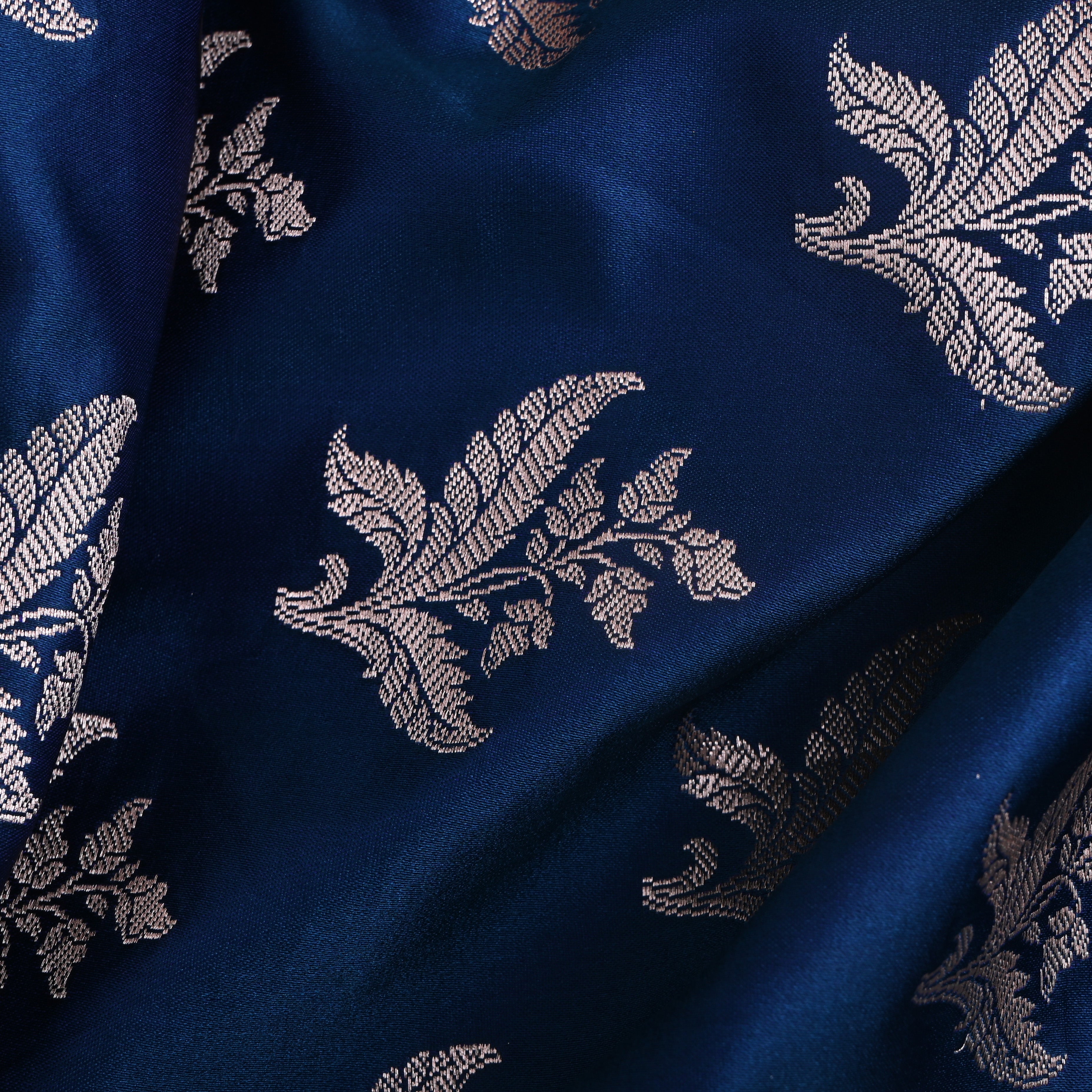 Cobalt Blue Floral Zari Satin Fabric