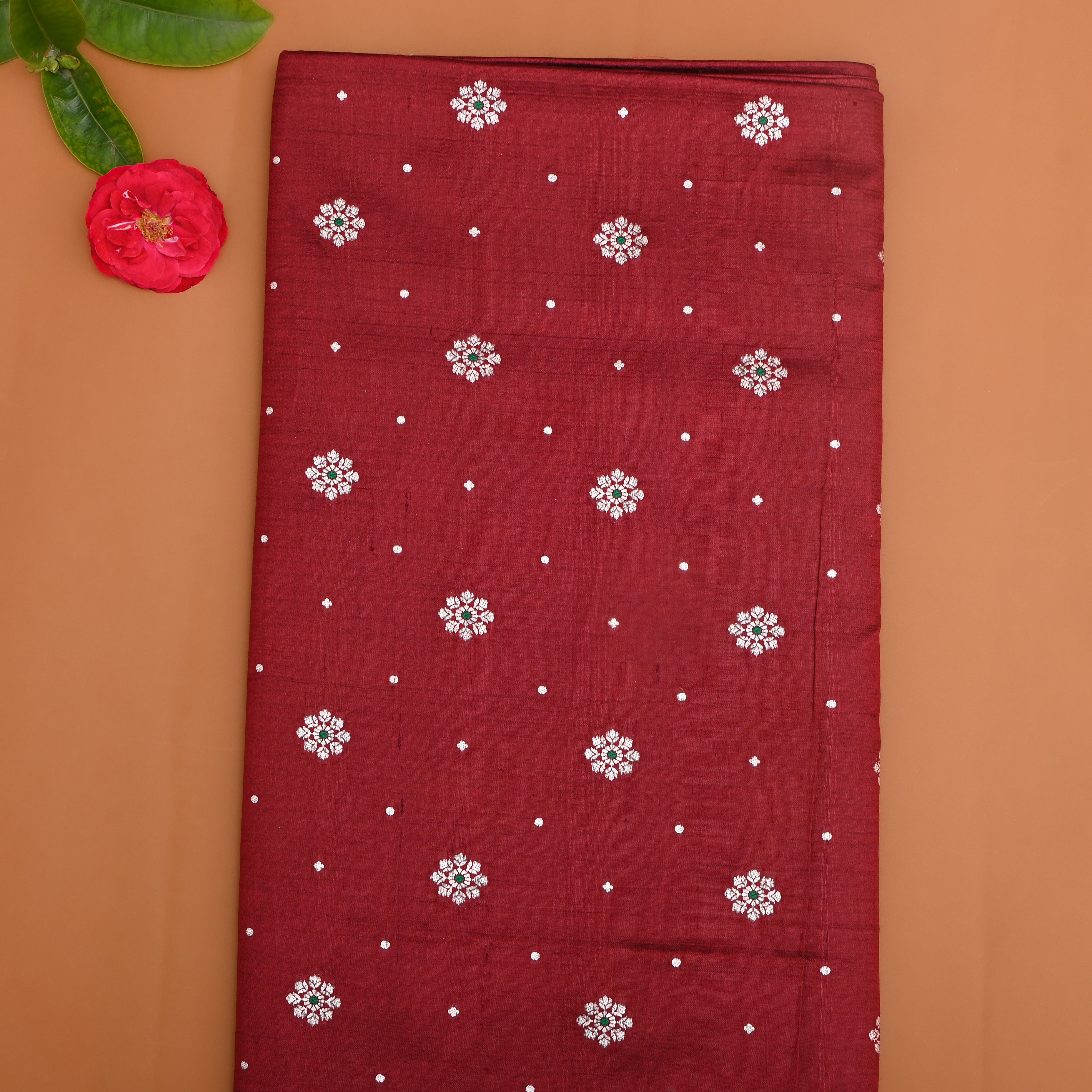 Dark Brick Red Floral Zari Silk Fabric