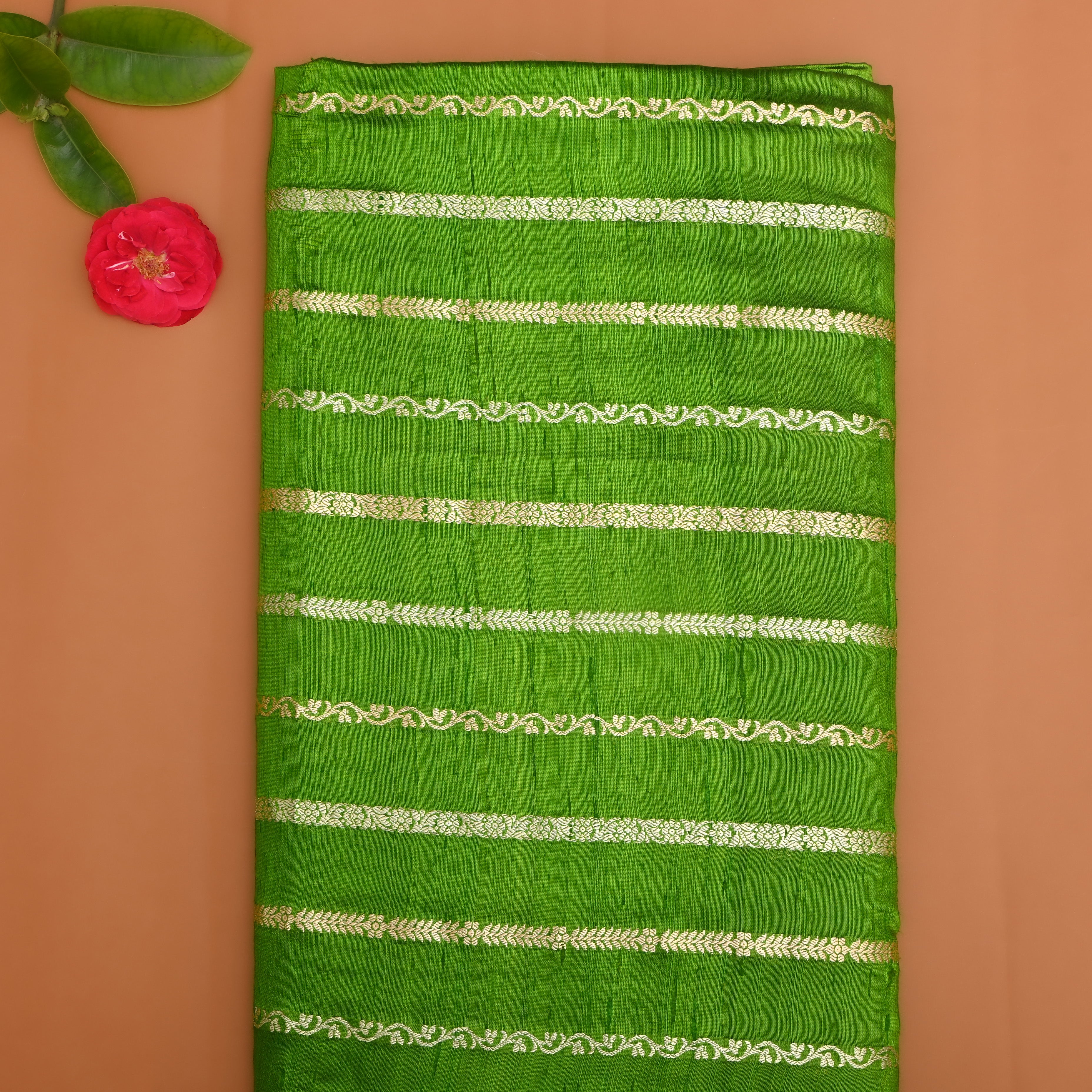 Bright Green Golden Zari Dupion Silk Fabric