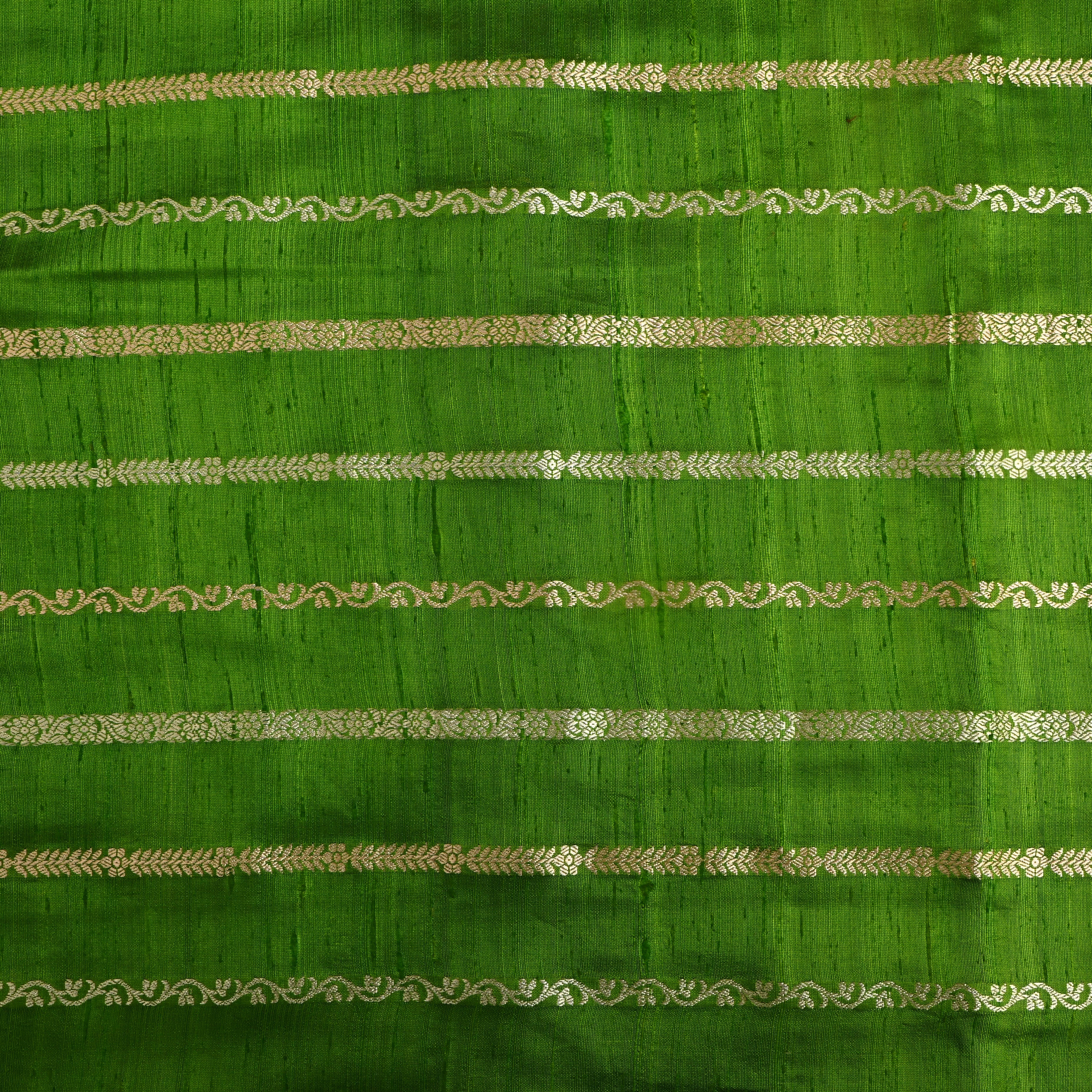 Bright Green Golden Zari Dupion Silk Fabric