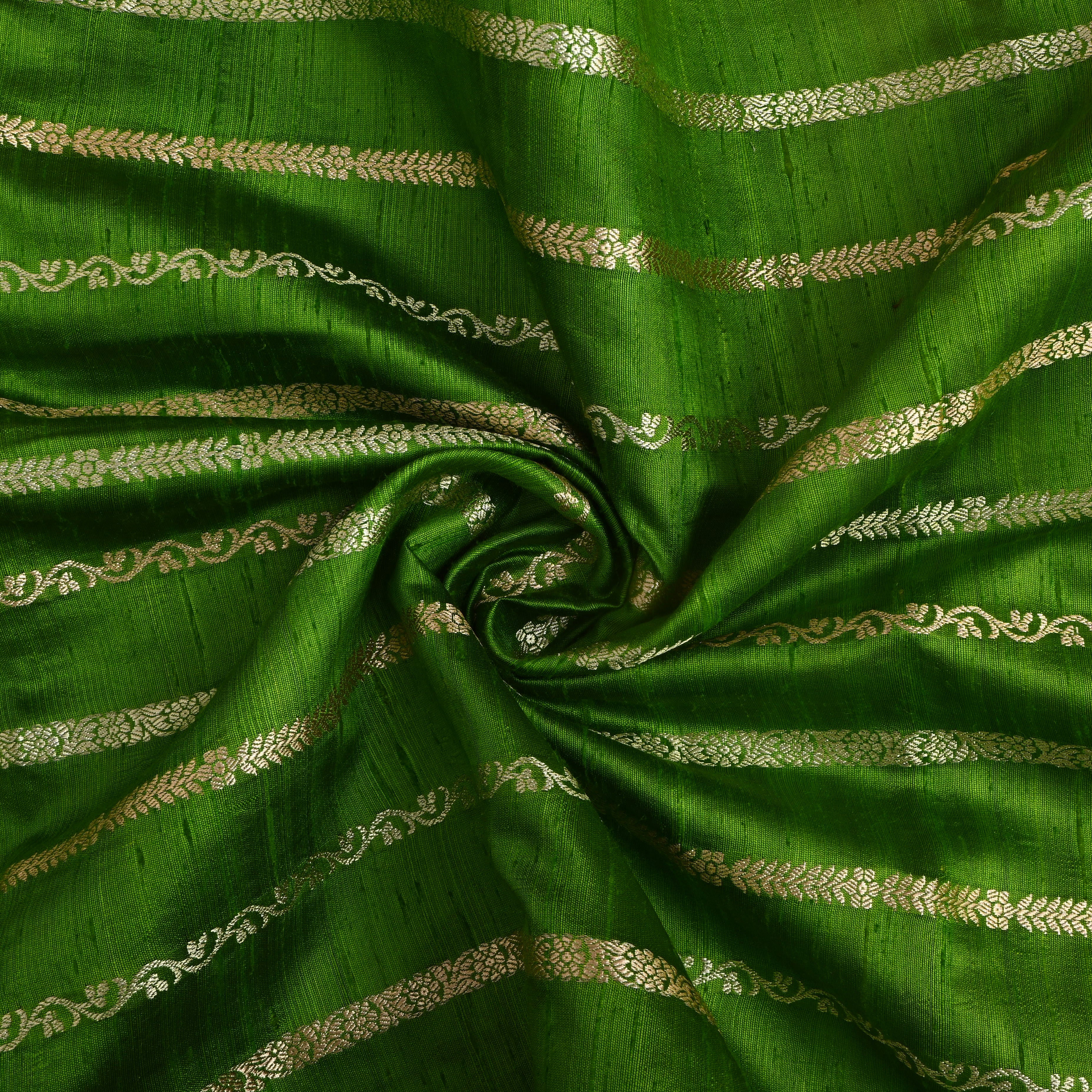 Bright Green Golden Zari Dupion Silk Fabric