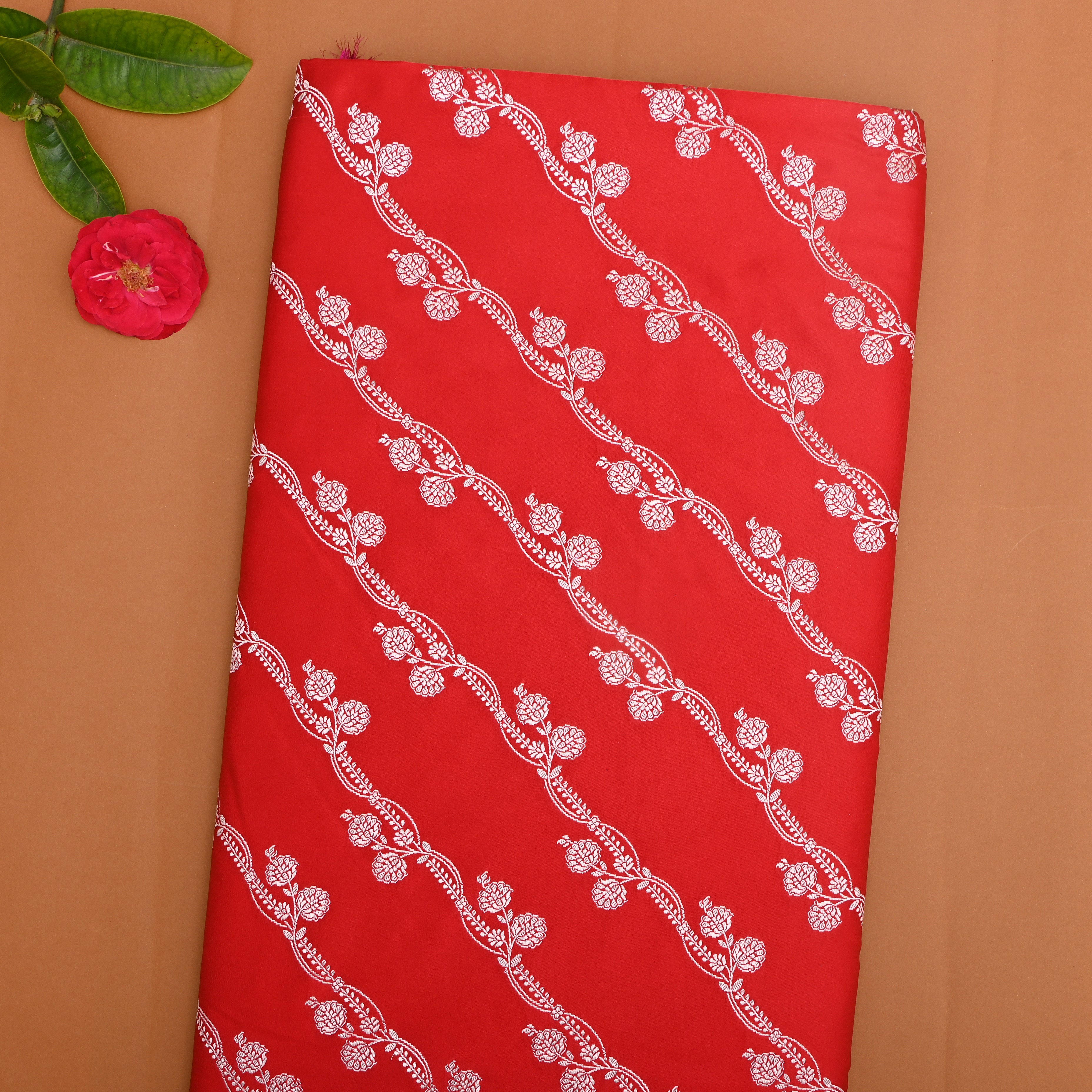 Bright Red Floral Bel Zari Satin Fabric