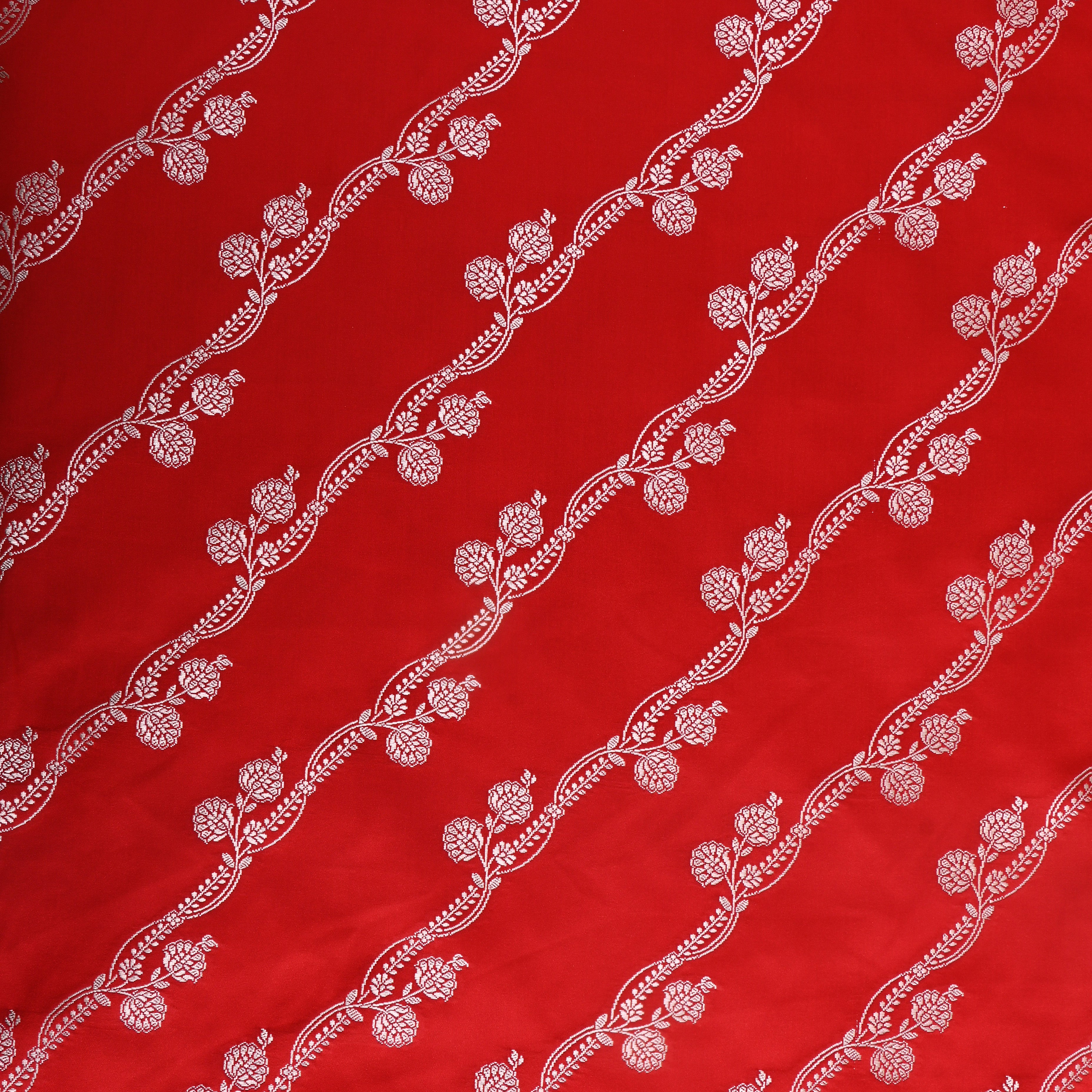 Bright Red Floral Bel Zari Satin Fabric