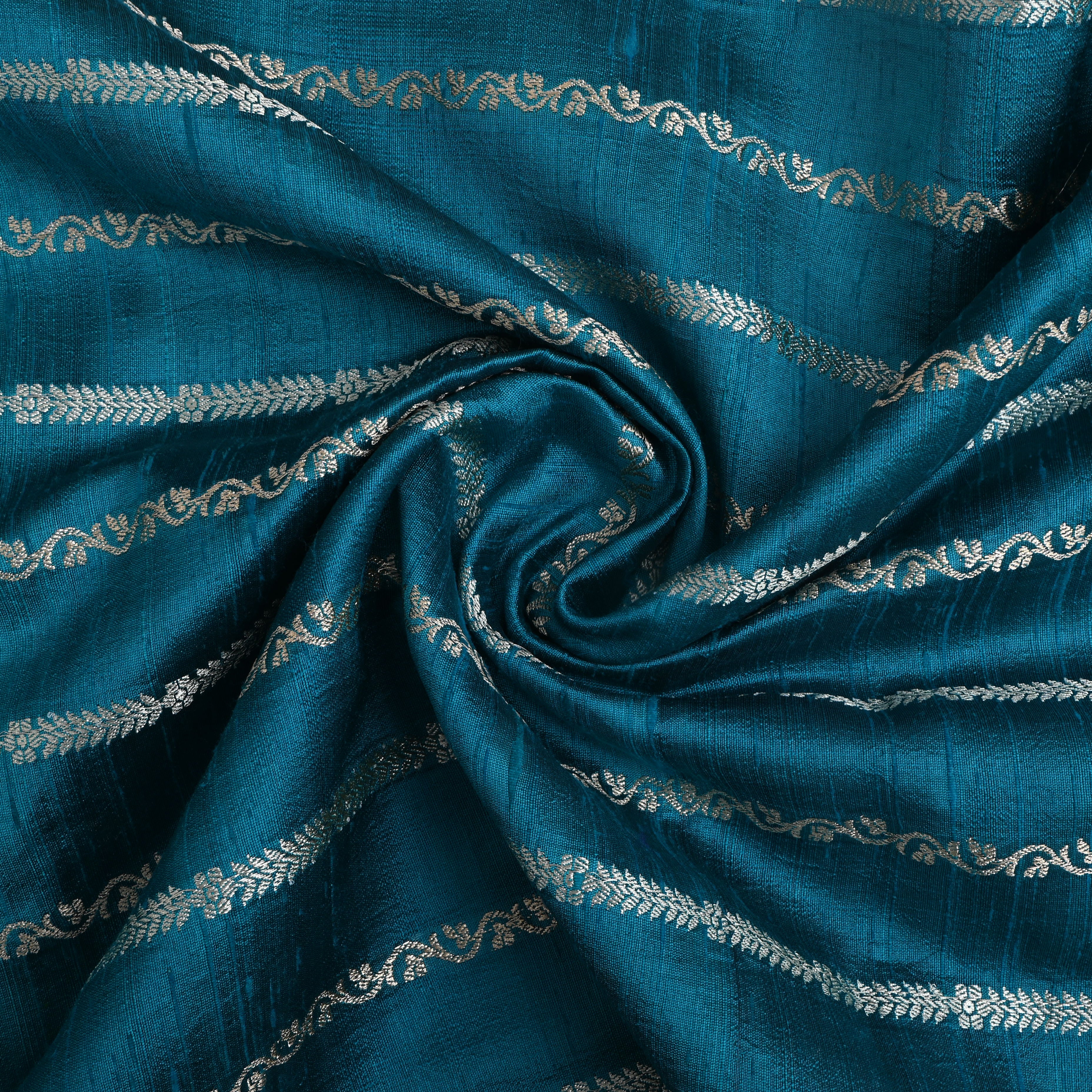 Greenish Blue Silver Zari Dupion Silk Fabric