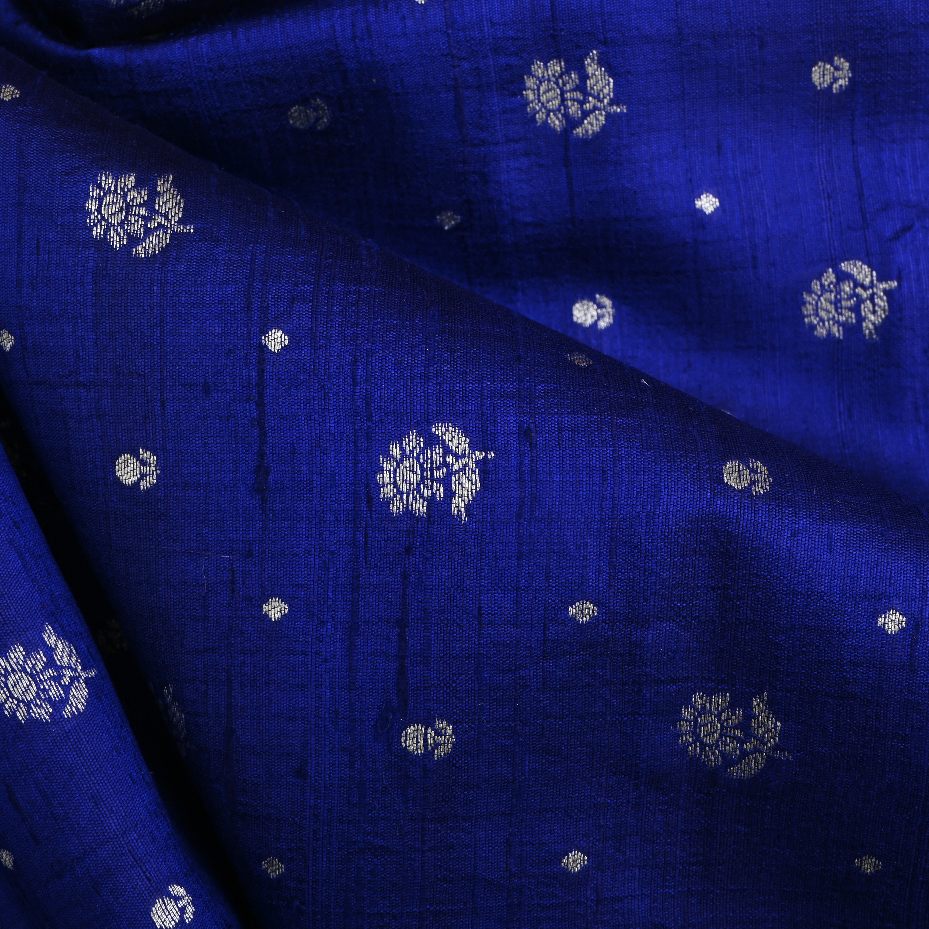 Cobalt Blue Floral Zari Dupion Silk Fabric