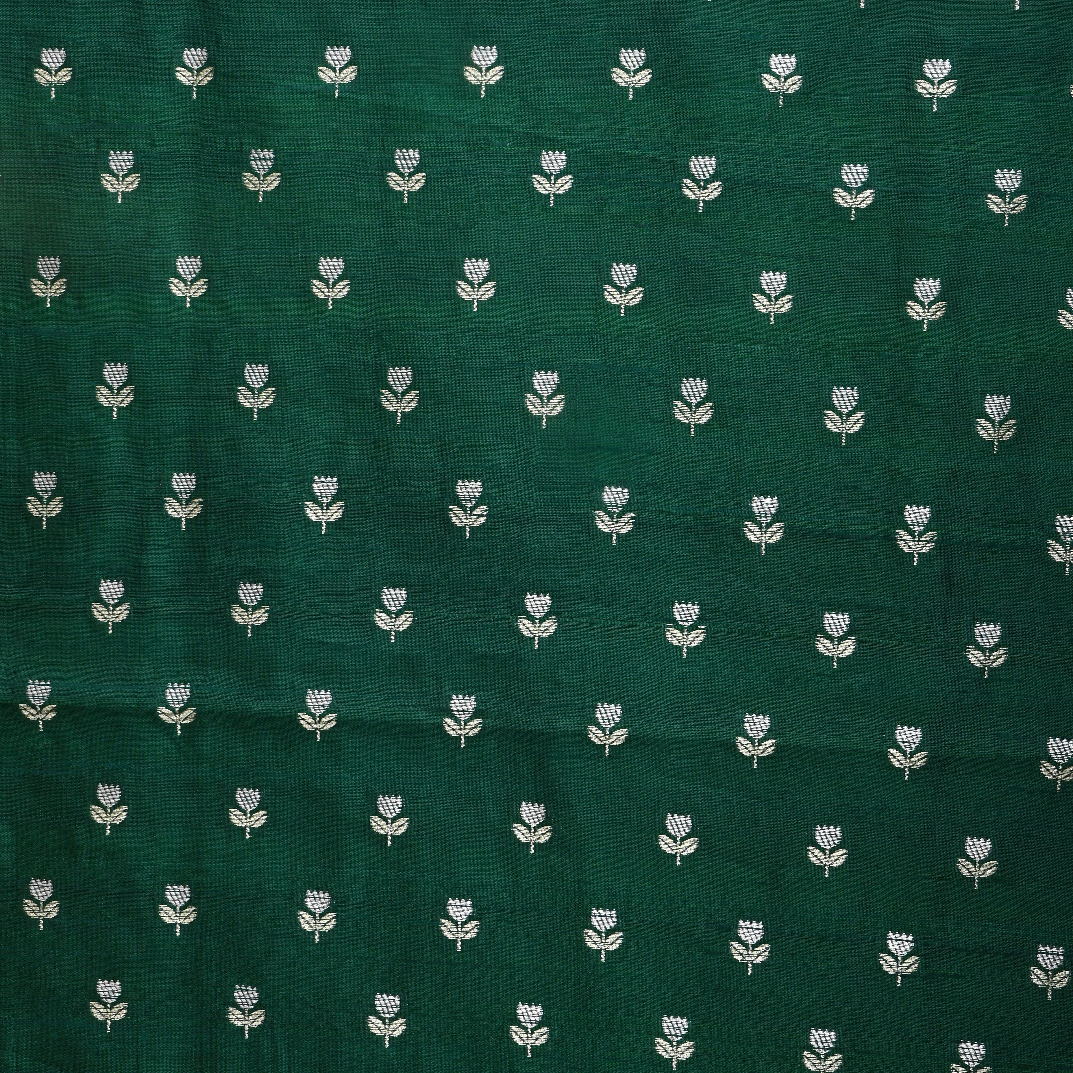 Bottle Green Floral Zari Dupion Silk Fabric