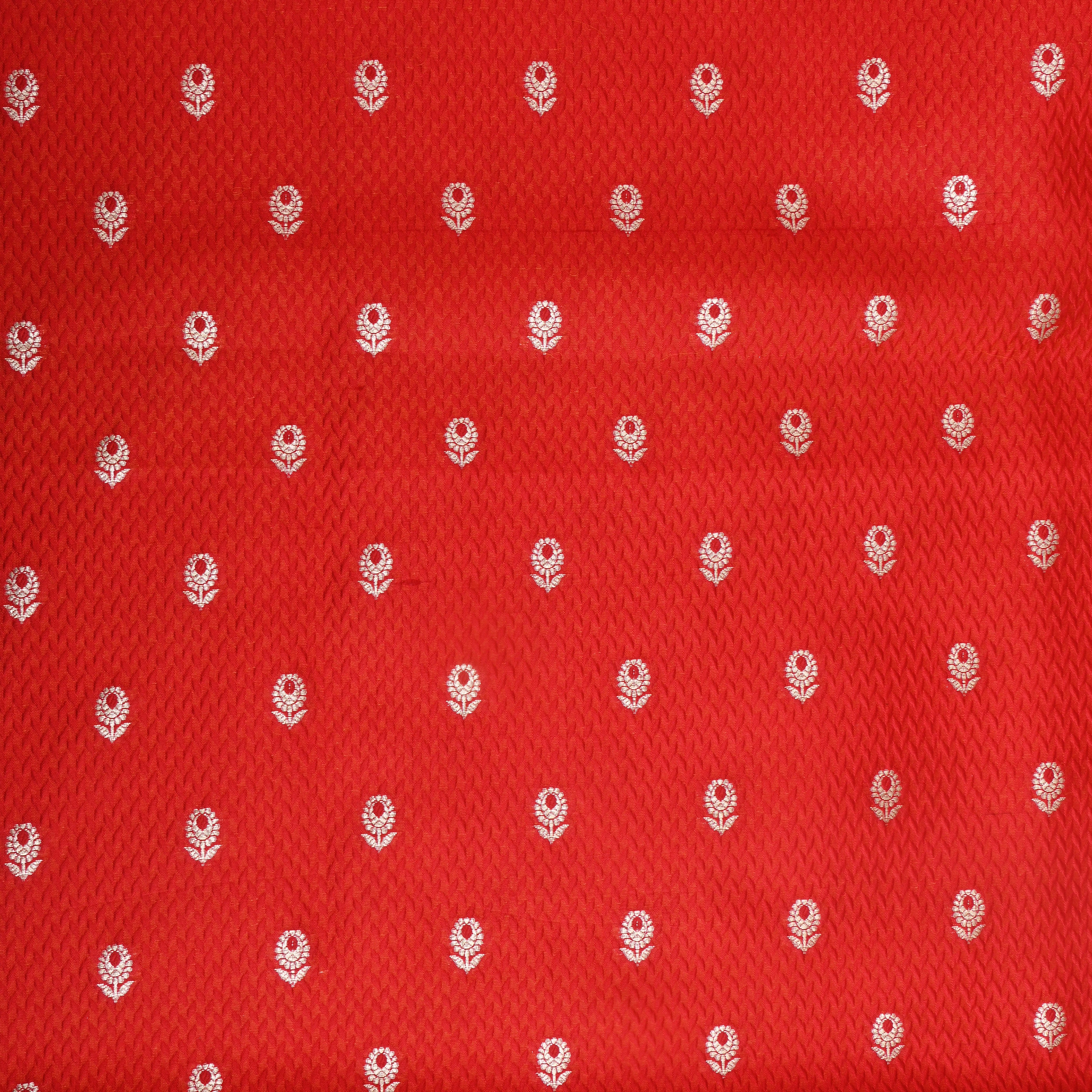 Bright Red Floral Zari Silk Fabric
