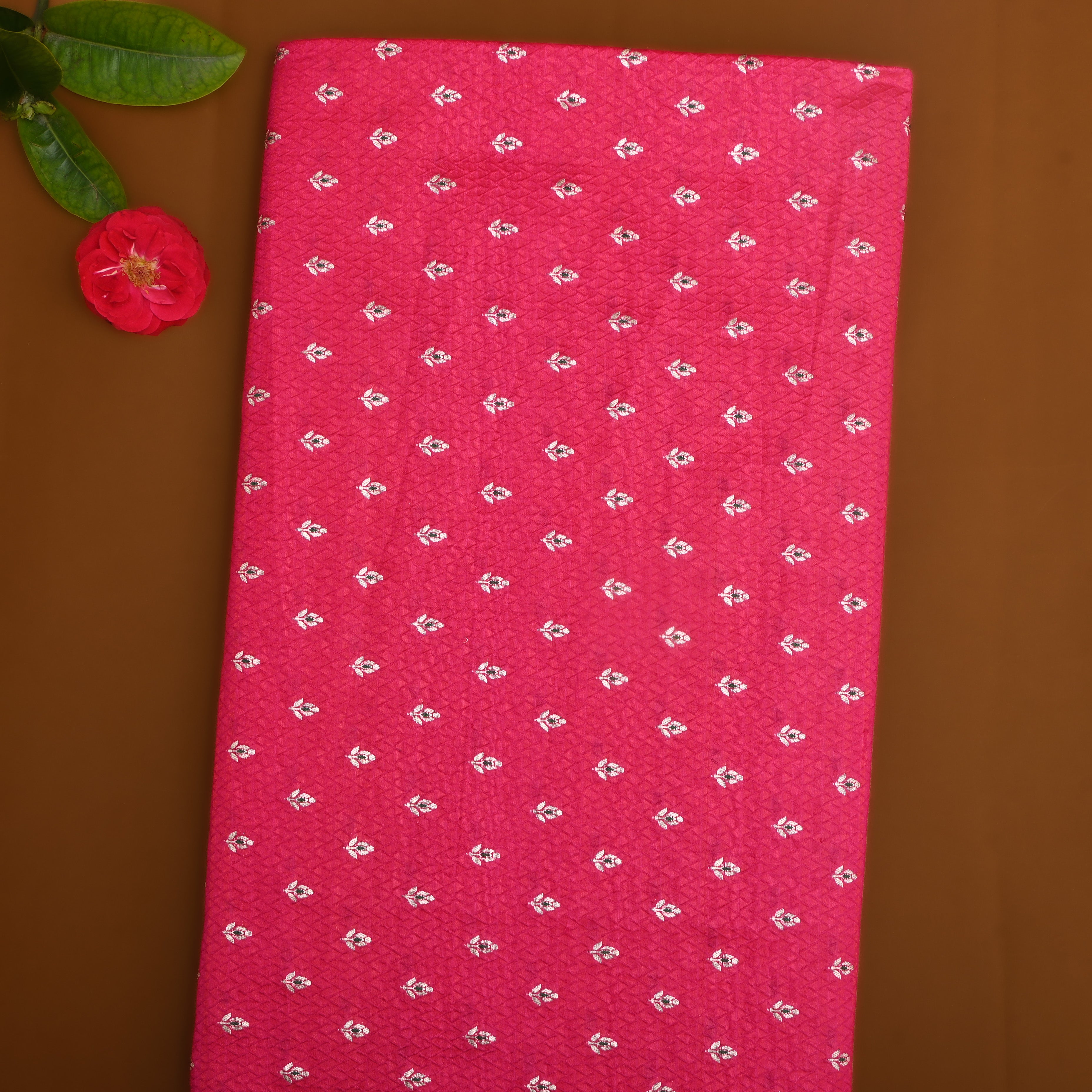 Bright Pink Floral Zari Silk Fabric