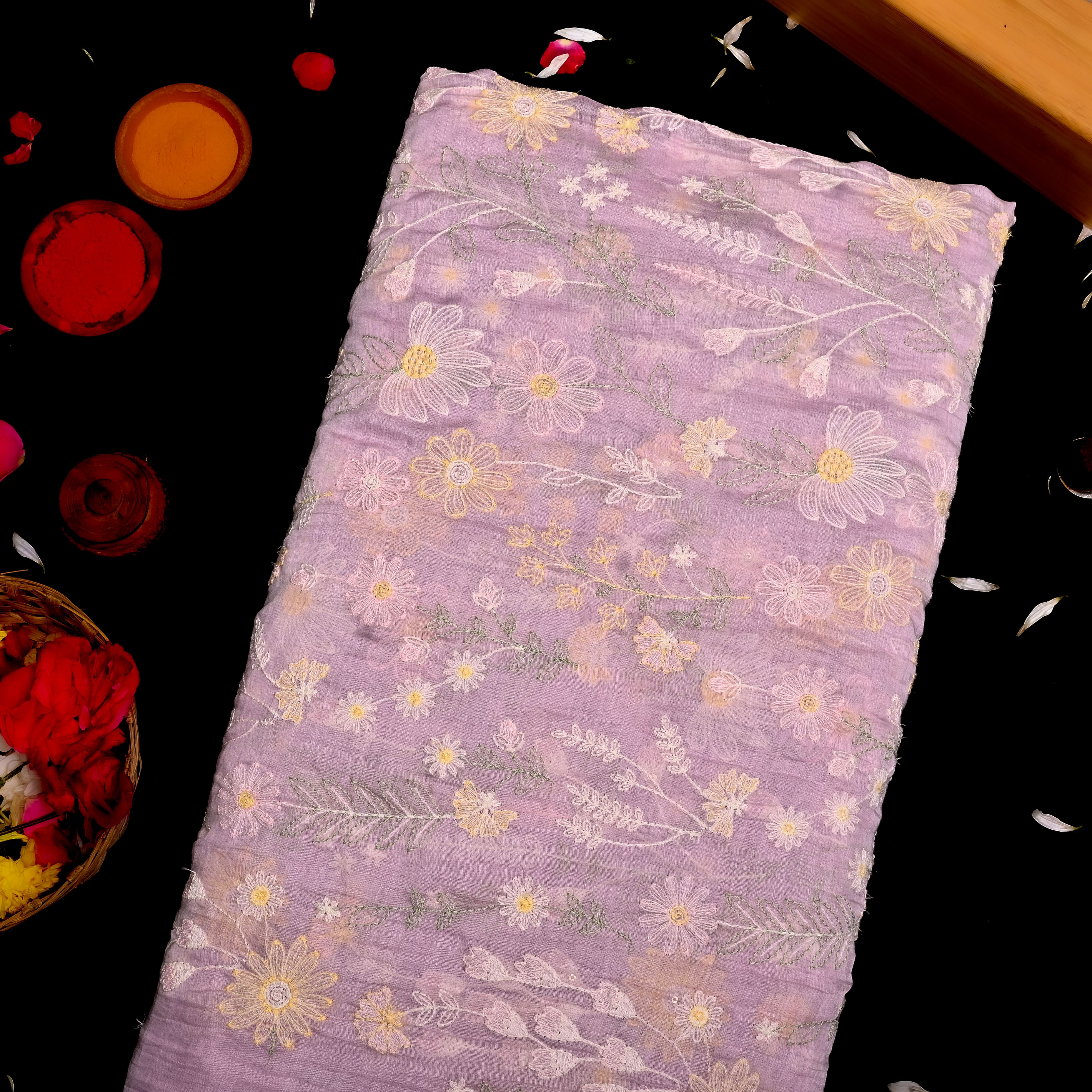 Lilac Chanderi Fabric With Thread Embroidery