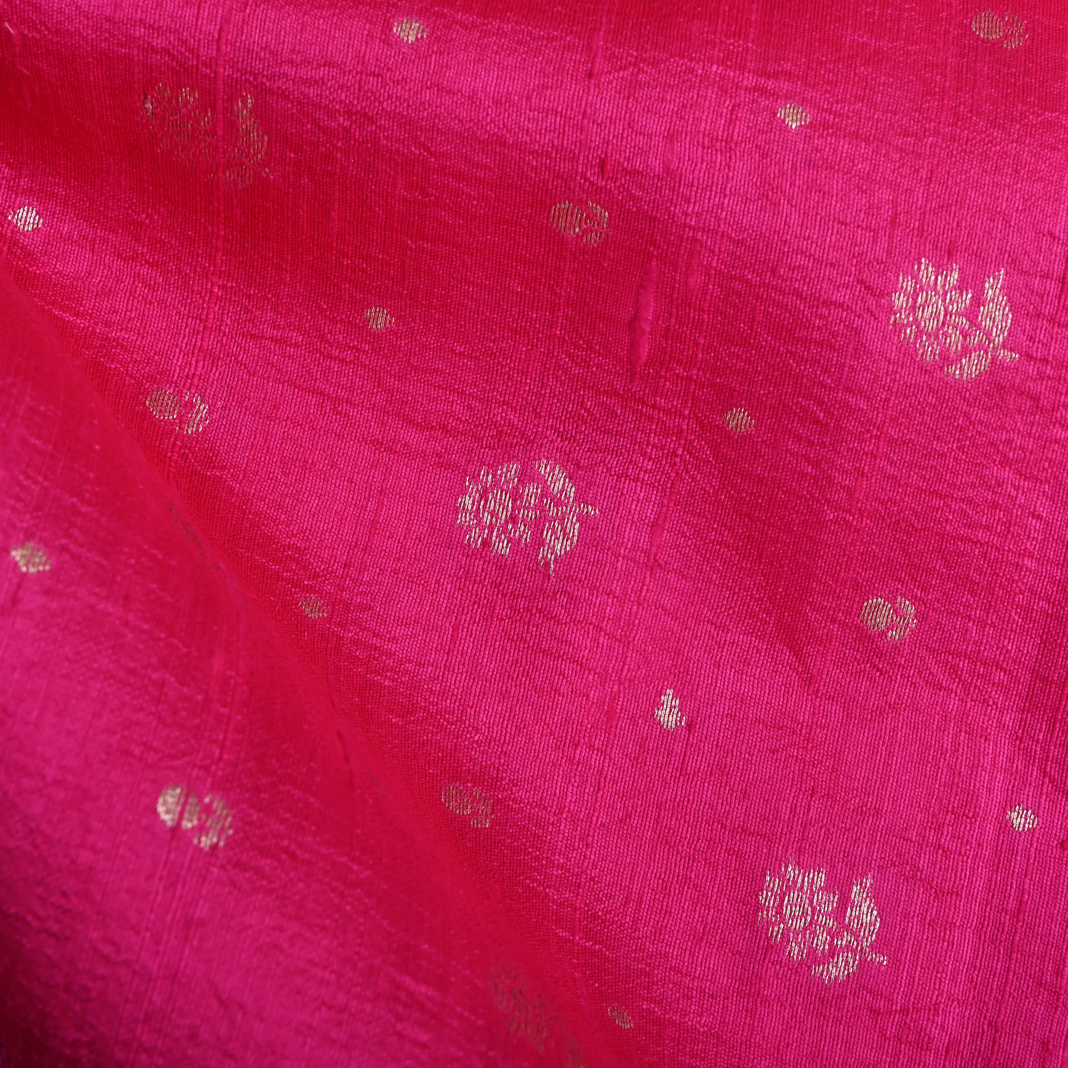 Bright Pink Floral Zari Dupion Silk Fabric