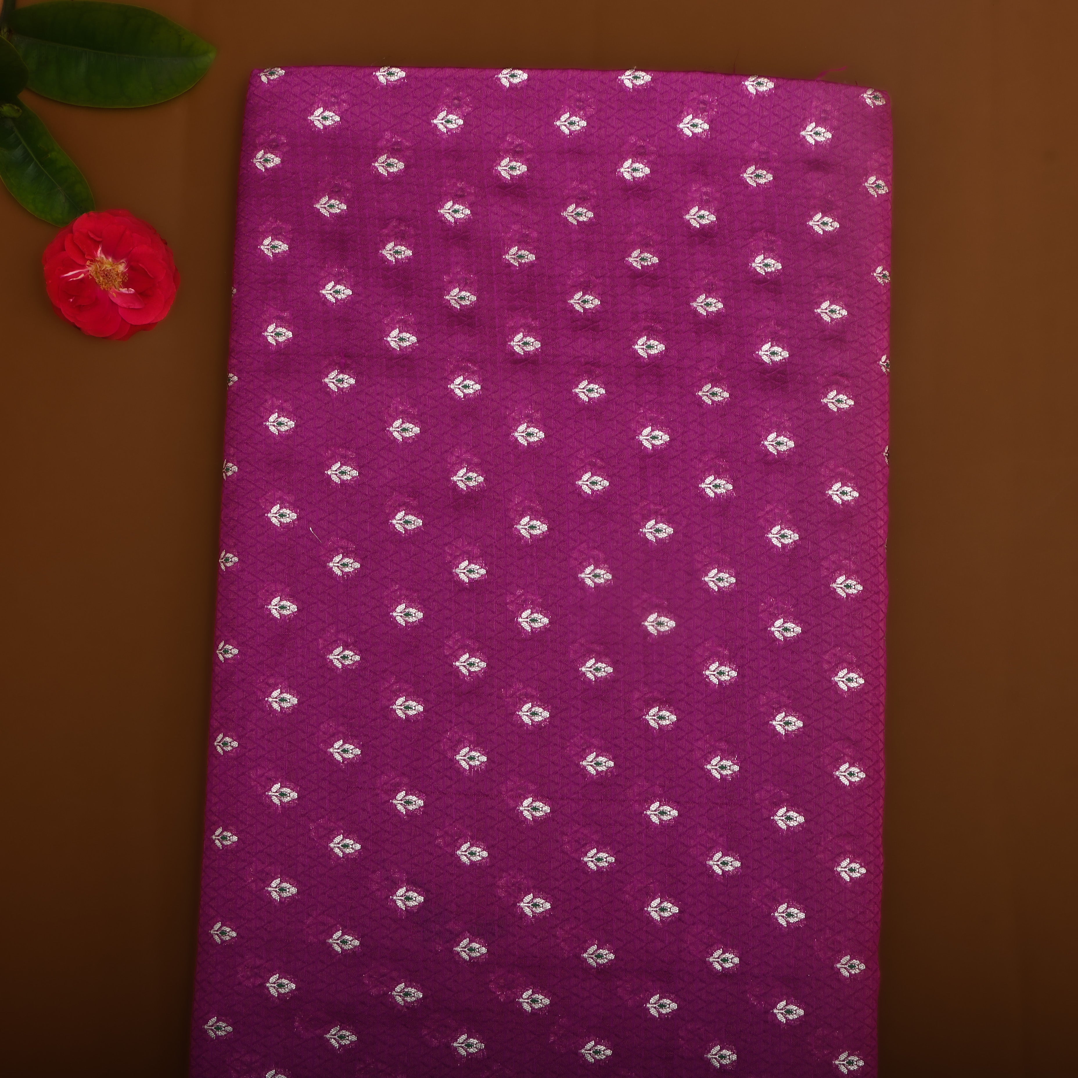Magenta Purple Floral Zari Silk Fabric