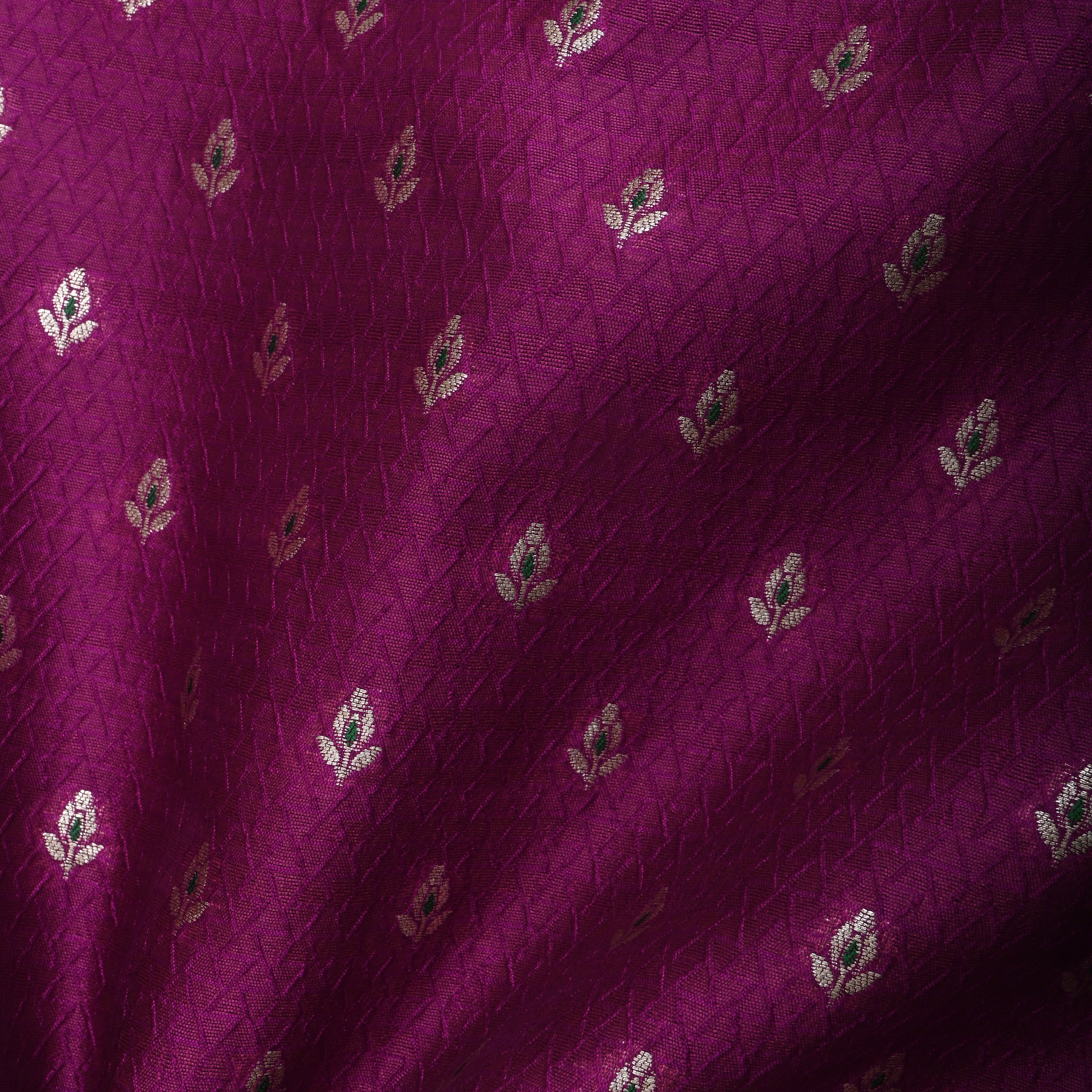 Magenta Purple Floral Zari Silk Fabric