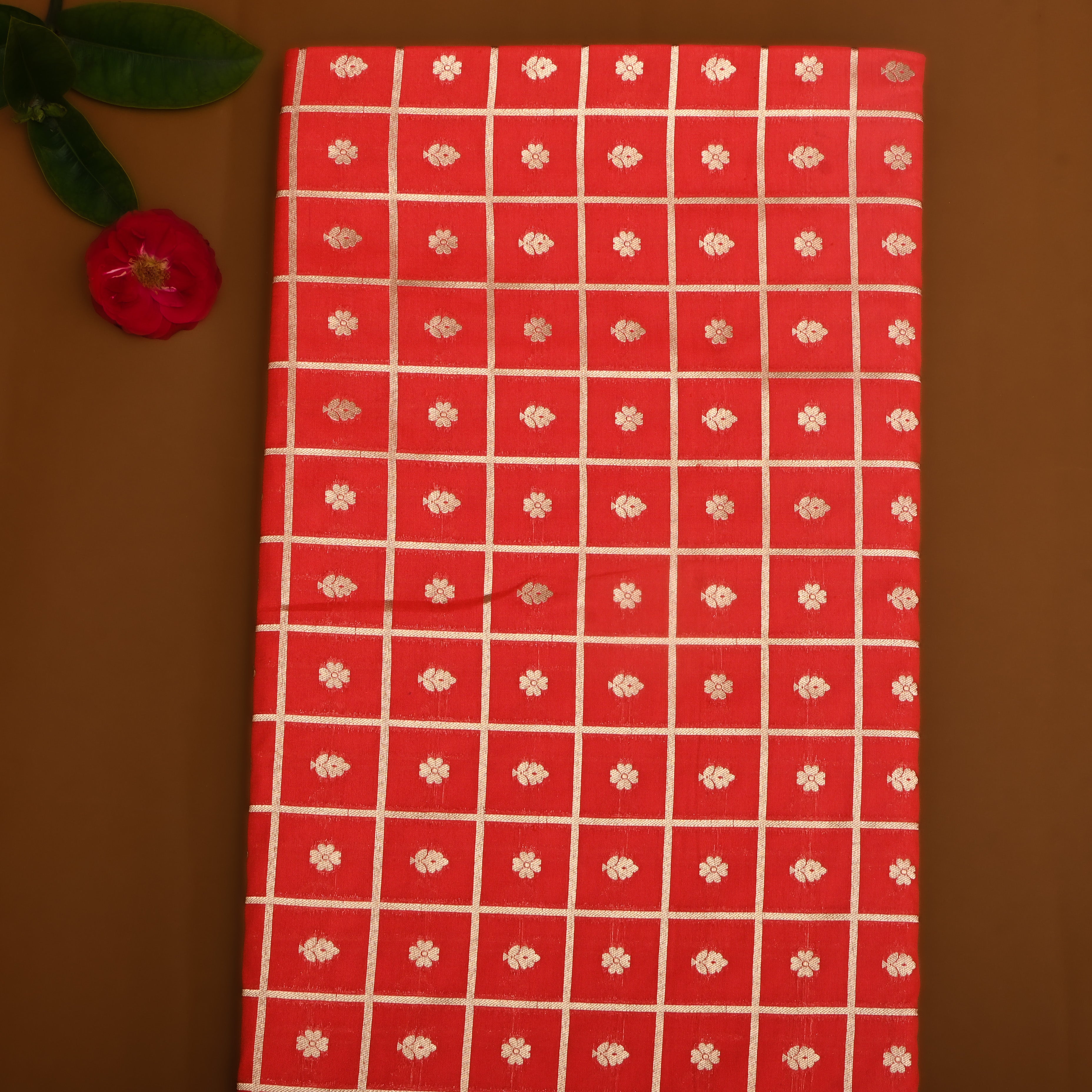 Bright Red Floral Zari Silk Fabric