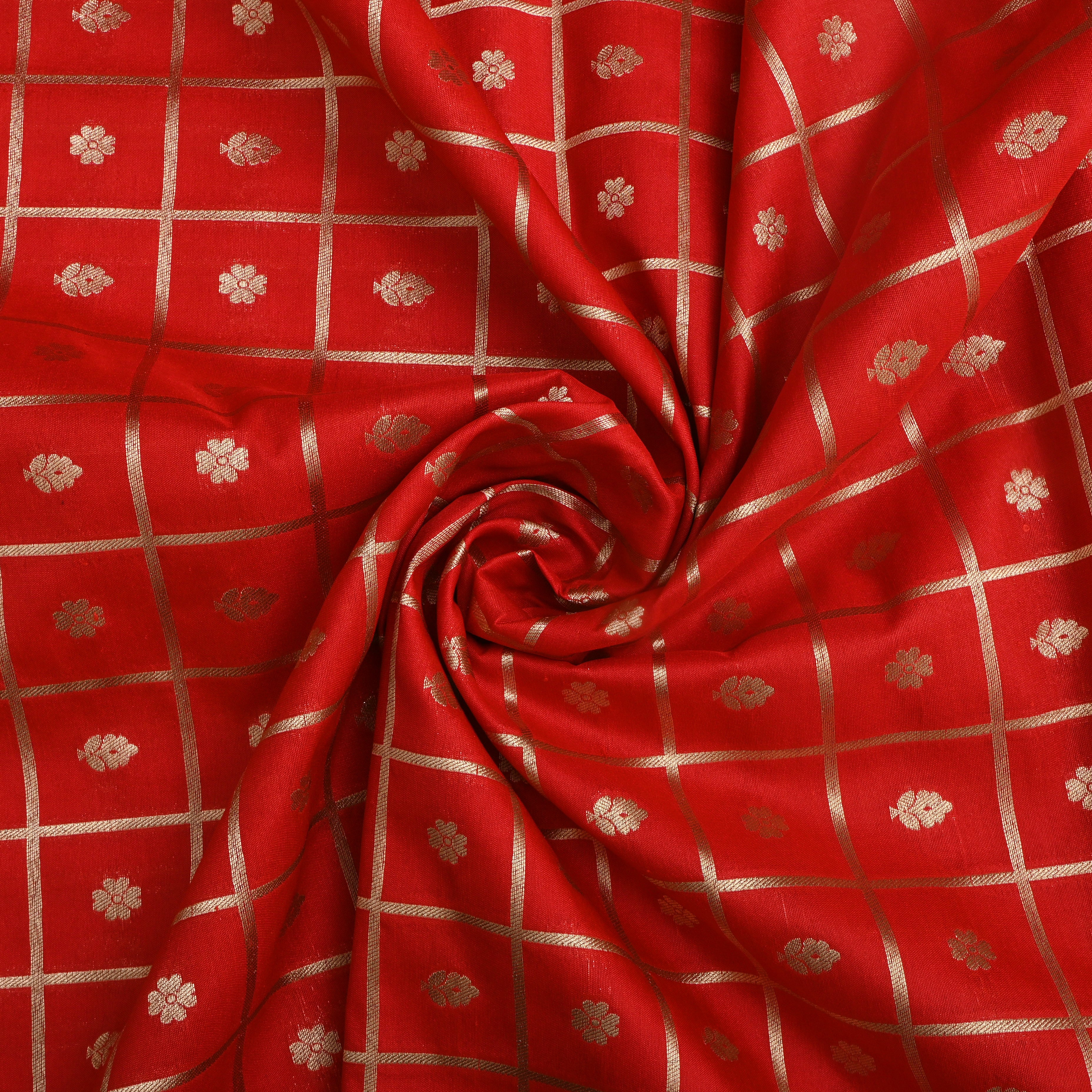 Bright Red Floral Zari Silk Fabric
