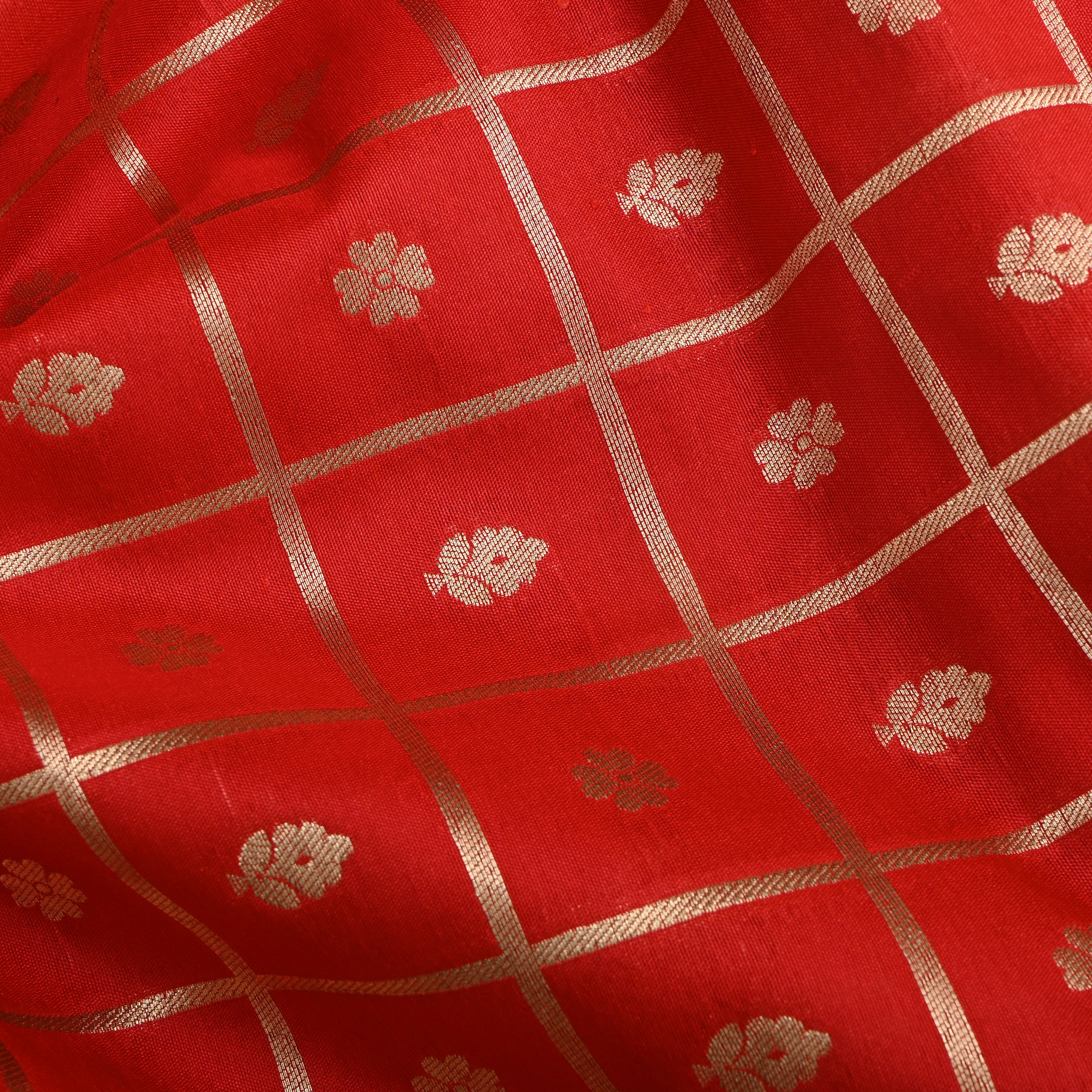 Bright Red Floral Zari Silk Fabric
