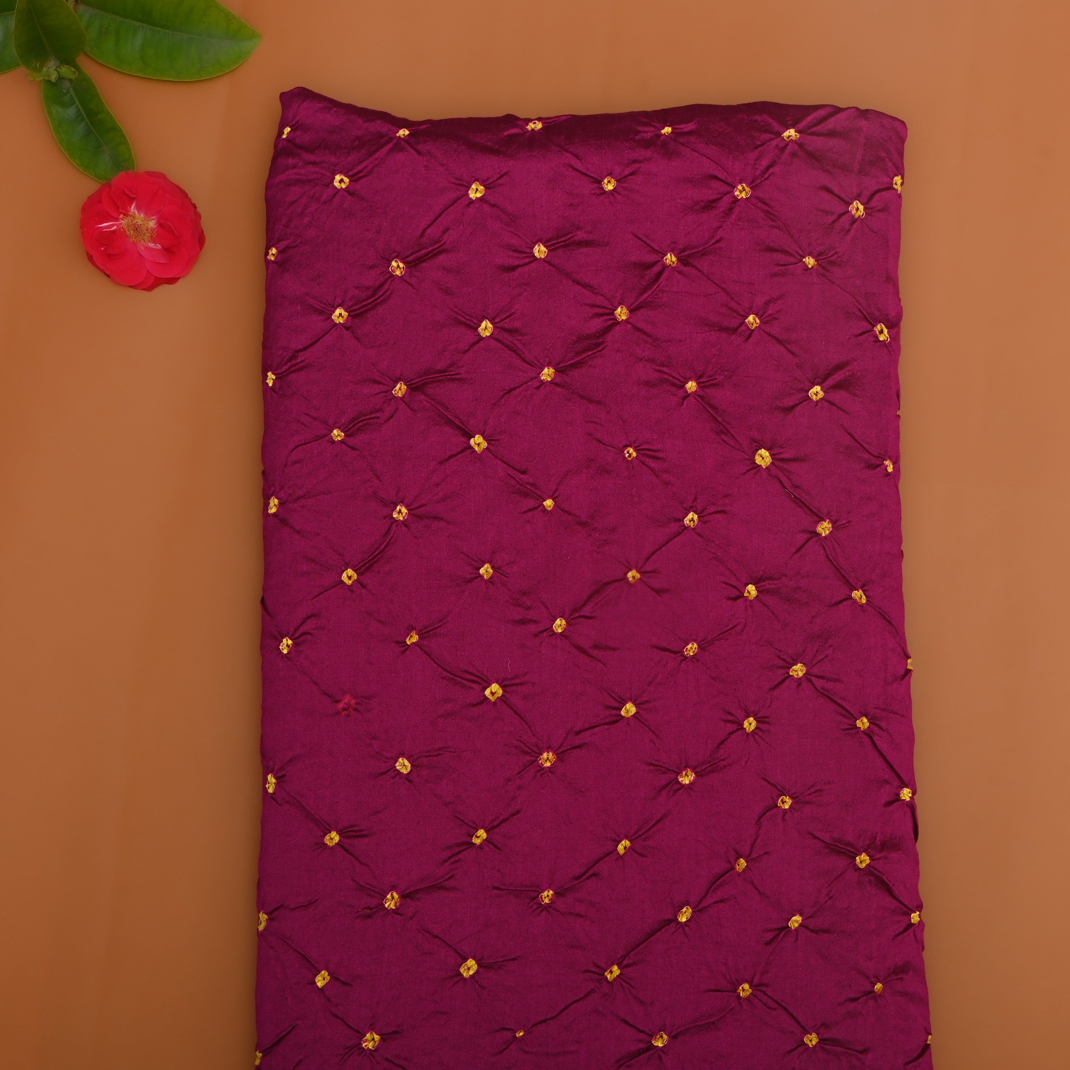 Rich Purple And Golden Bandhani Work Silk Fabric
